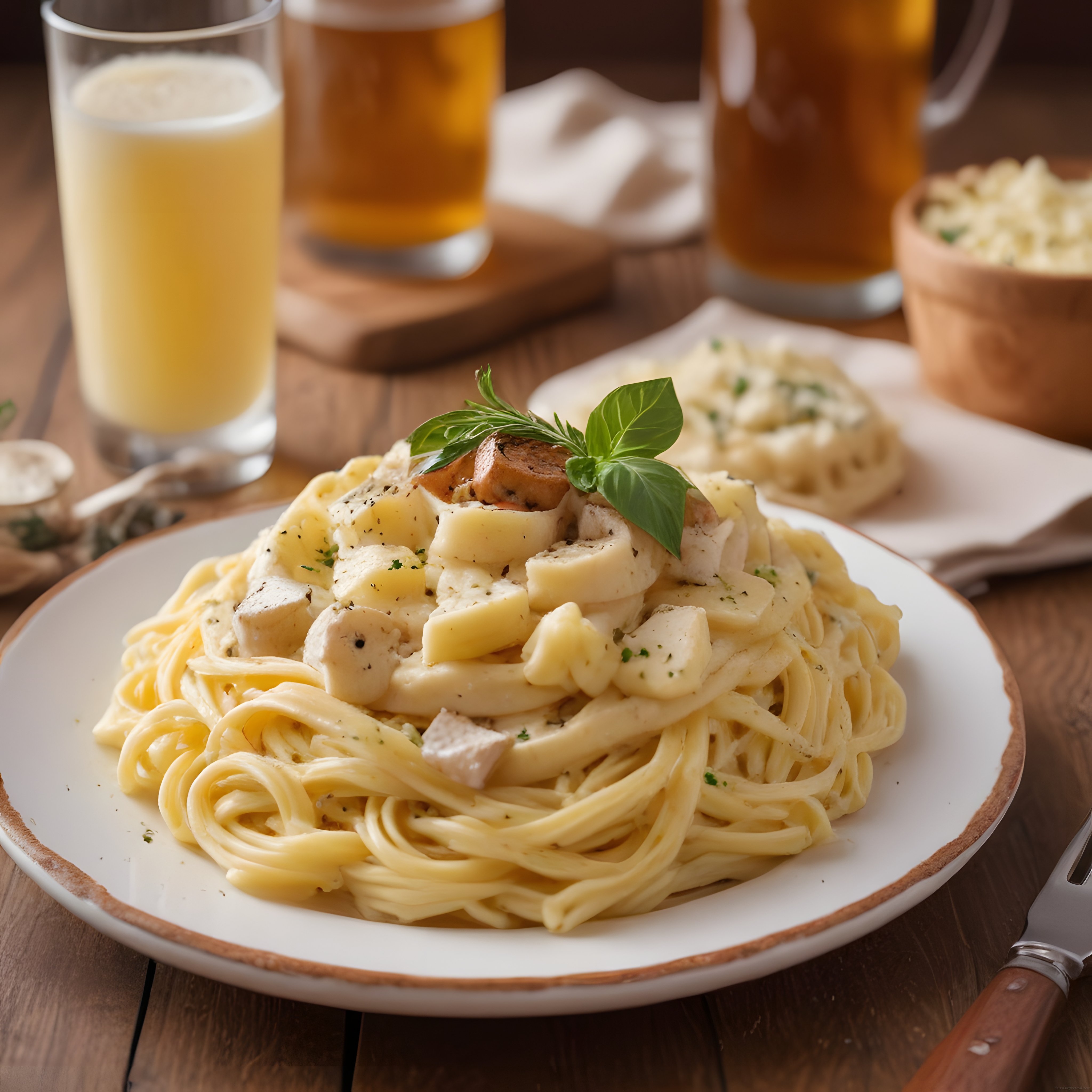 Kremalı Tavuklu Spagetti Alfredo ve Bira Eşliğinde Akşam Yemeği