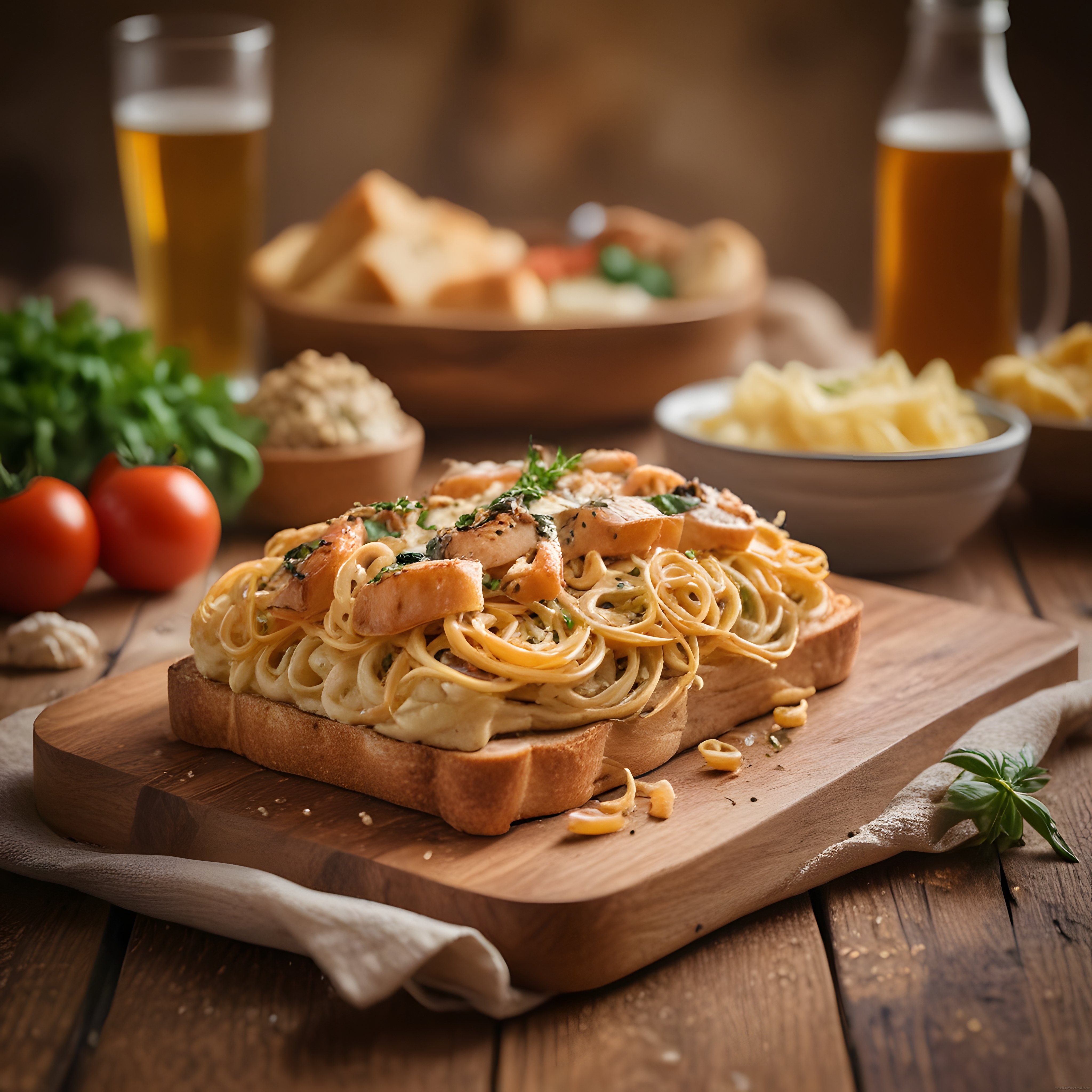 Kremalı Tavuklu Spagetti: Ekmek Üzerinde Nefis Sunum ve Bira Eşliği