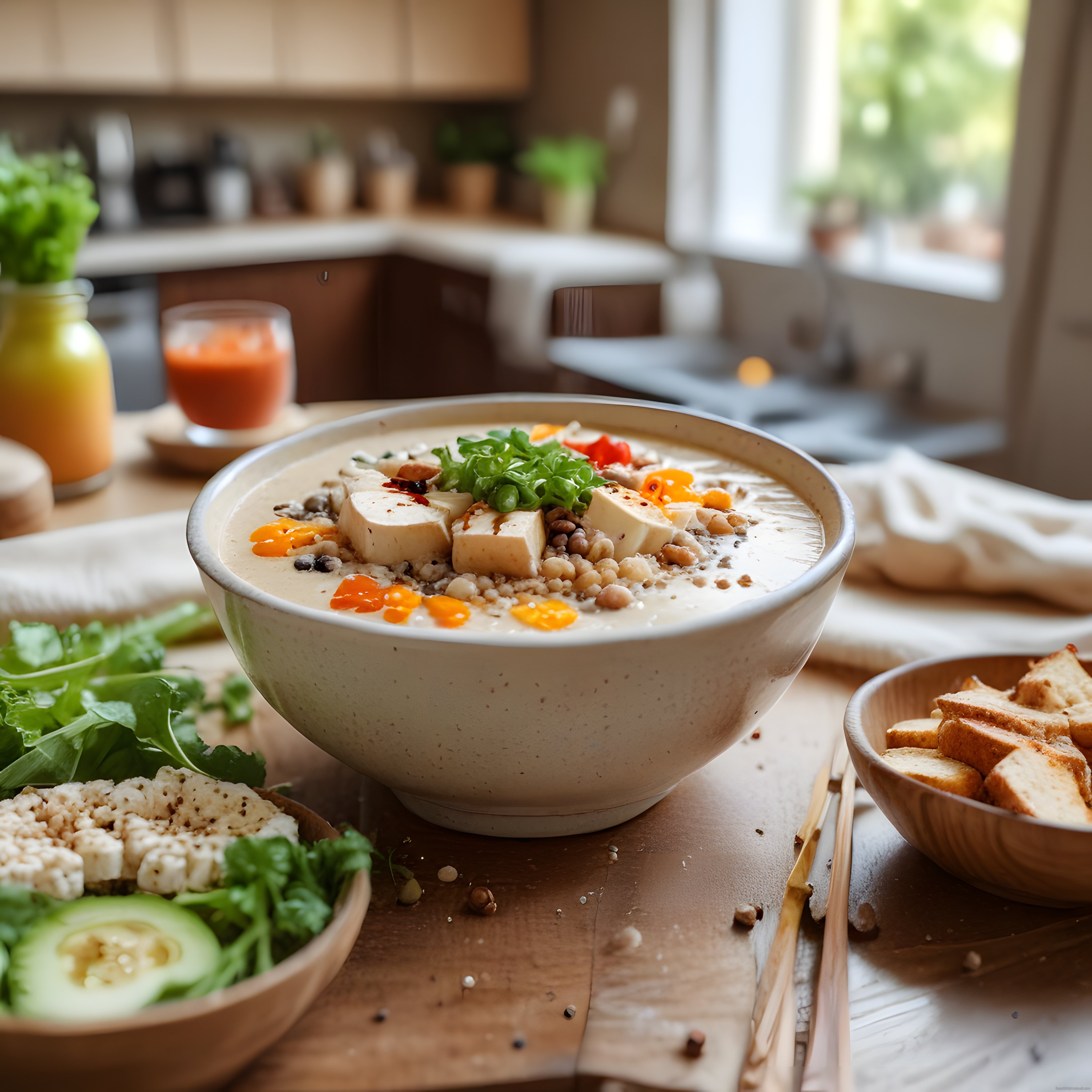 Kremalı Tofu ve Nohutlu Besleyici Kase: Rustik Mutfak Sunumu