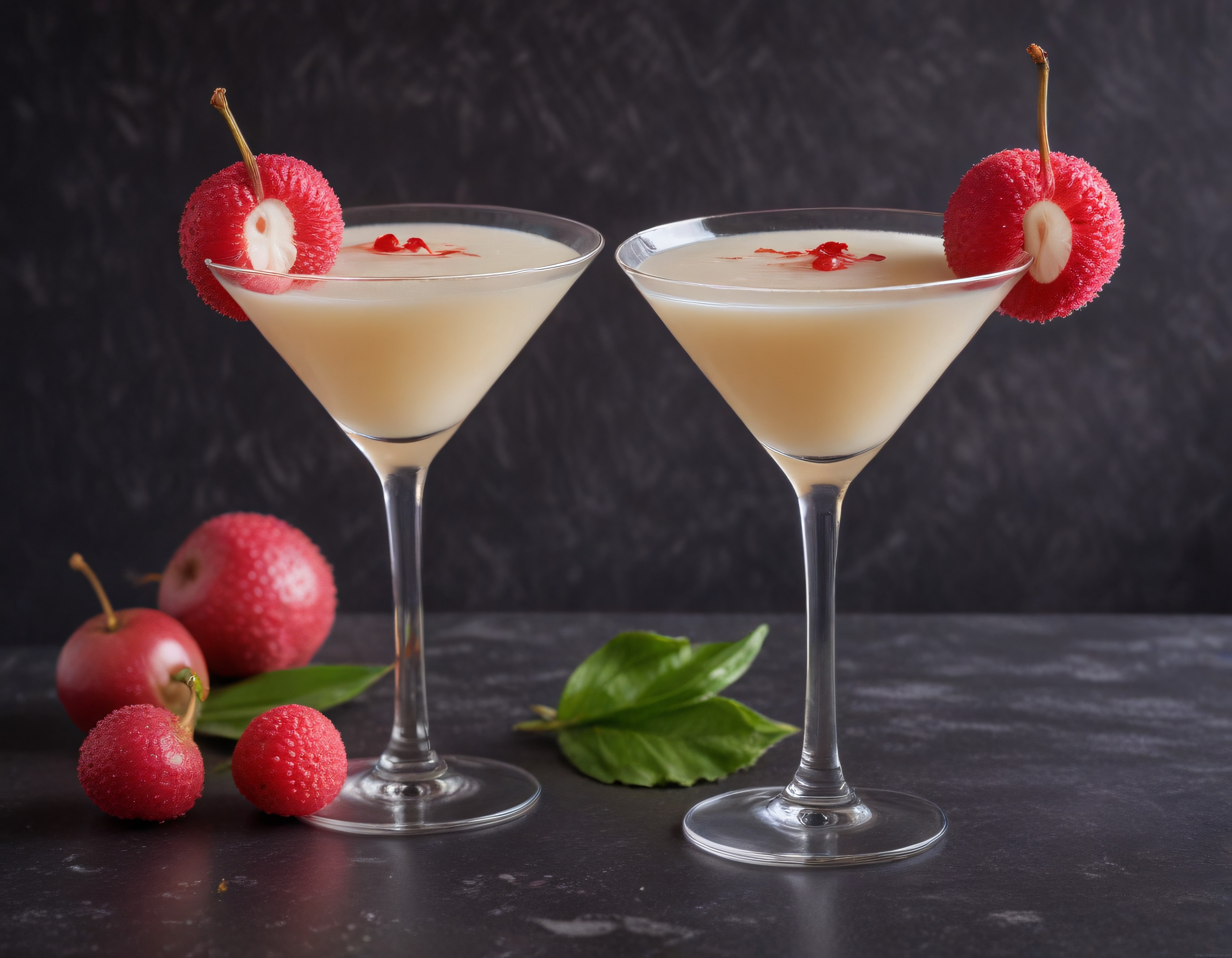 Kremalı Tropical Kokteyl ve Taze Lychee Süslemeli Çift Bardak Sunum