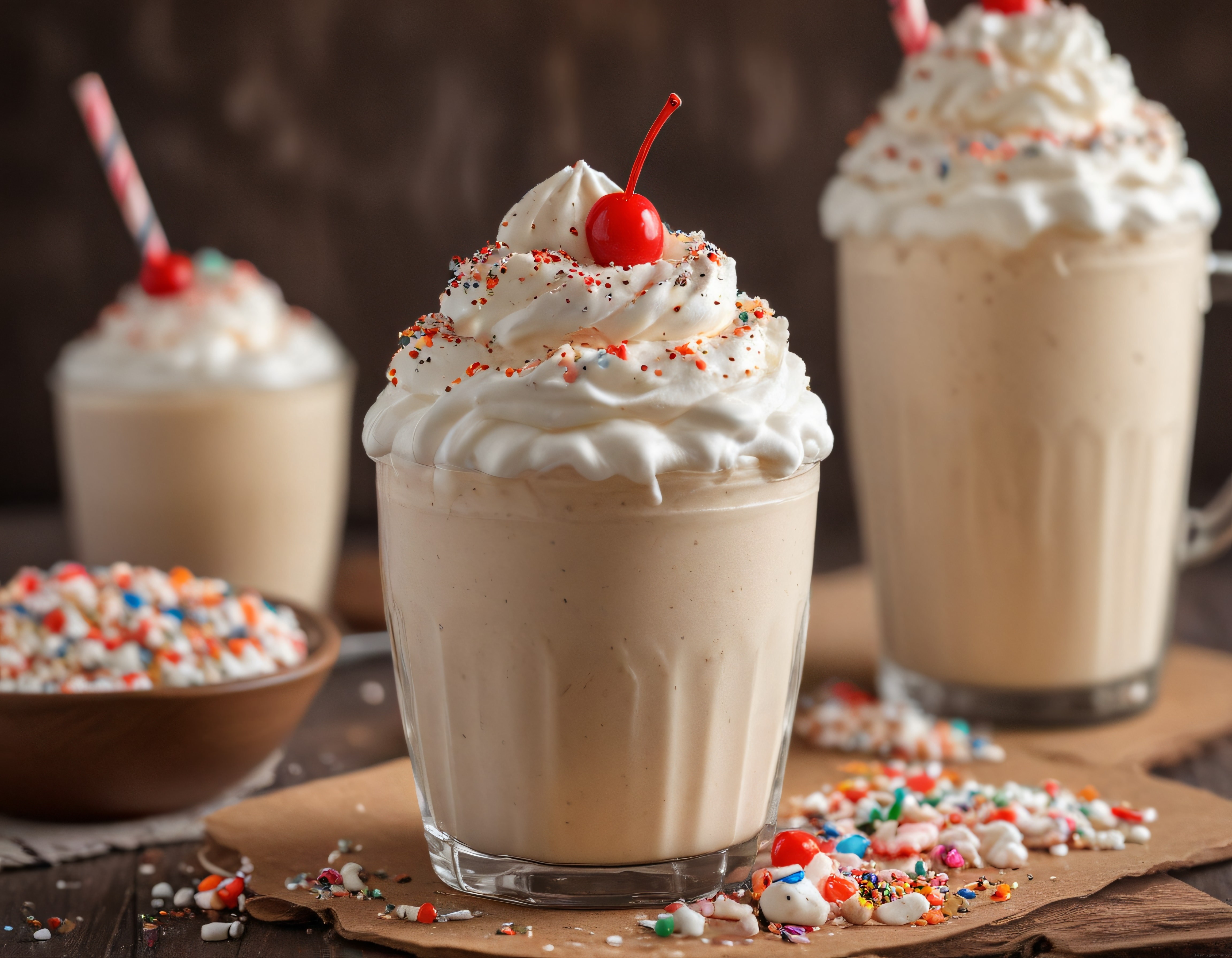 Kremalı ve Renkli Süslemeli Milkshake Sunumu Ahşap Masa Üzerinde
