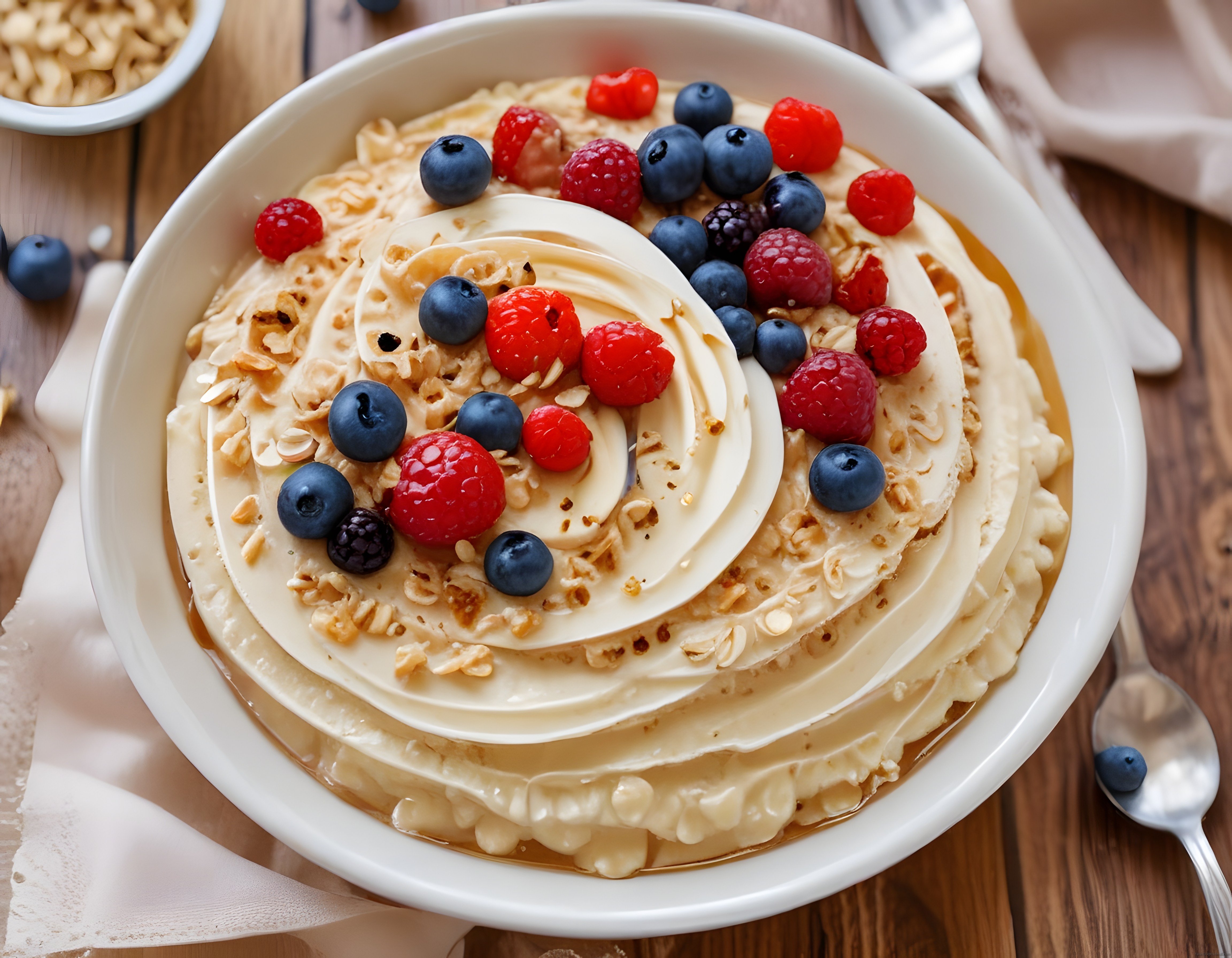 Kremalı Yulaf Ezmesi Kasesi Üzerinde Taze Orman Meyveleri ve Granola