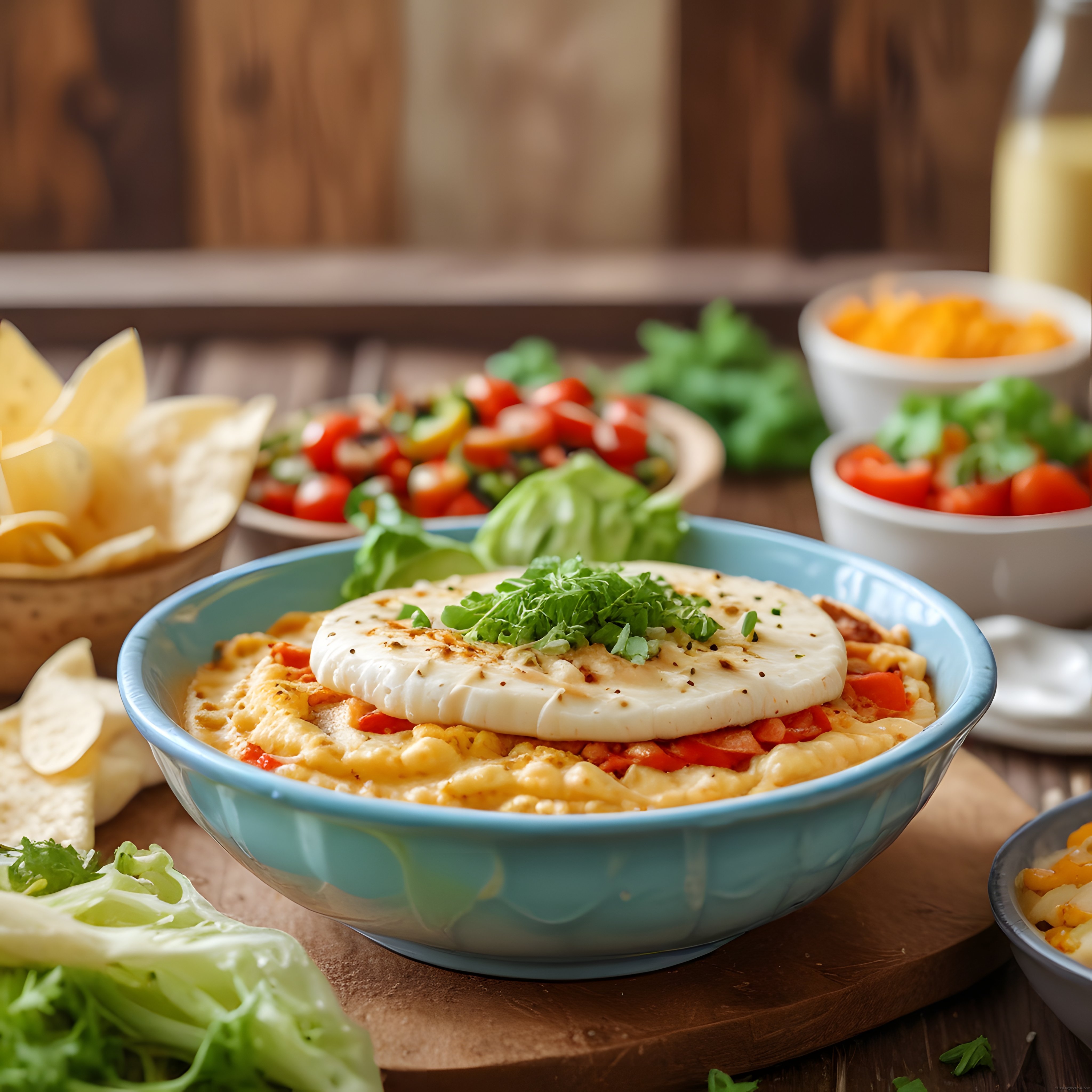 Kremalı Yumurtalı Kase Yemeği Üzerinde Taze Peynir ve Rustik Mutfak Sunumu