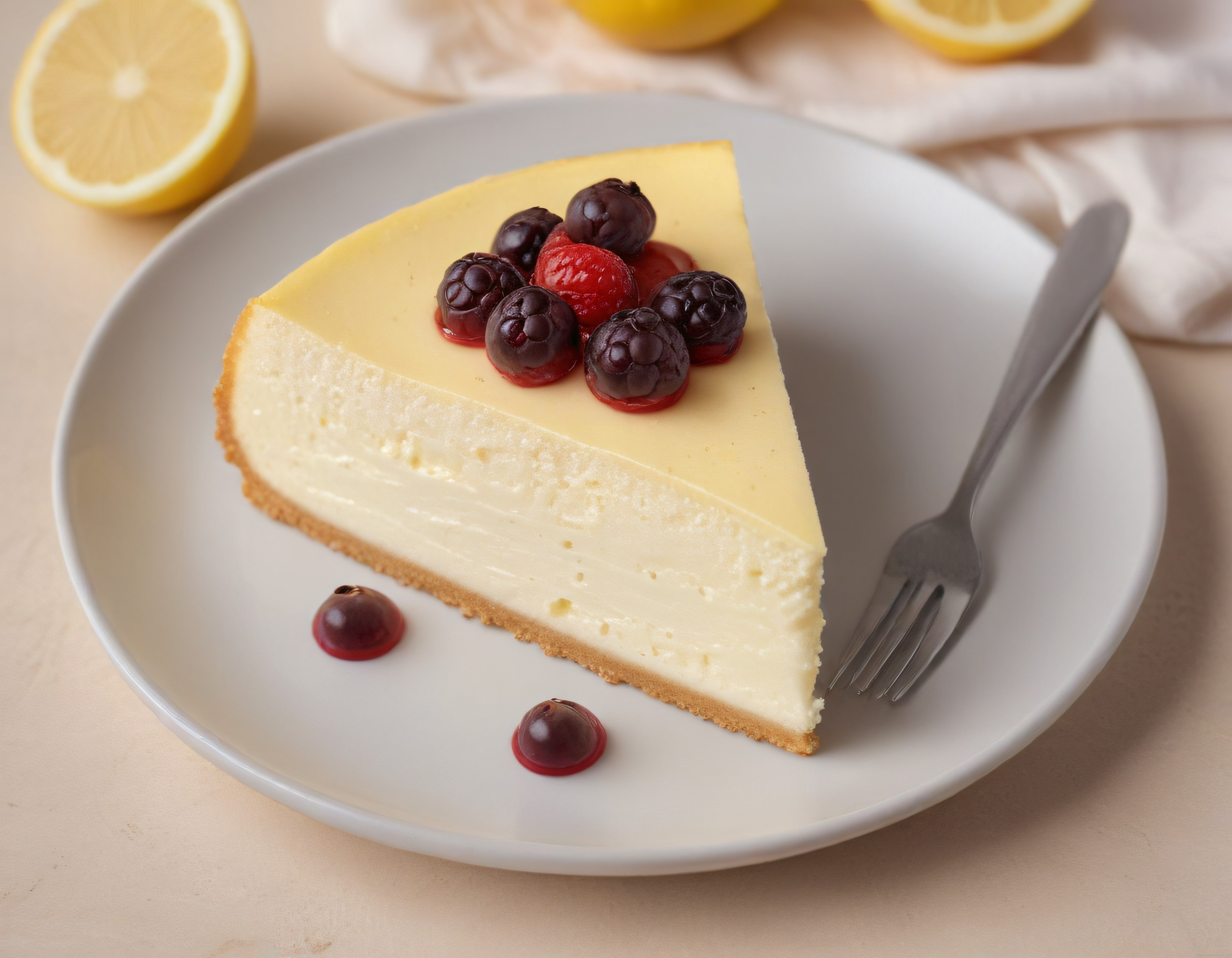 Kremamsı dokusuyla limonlu cheesecake ve orman meyveleri sunumu