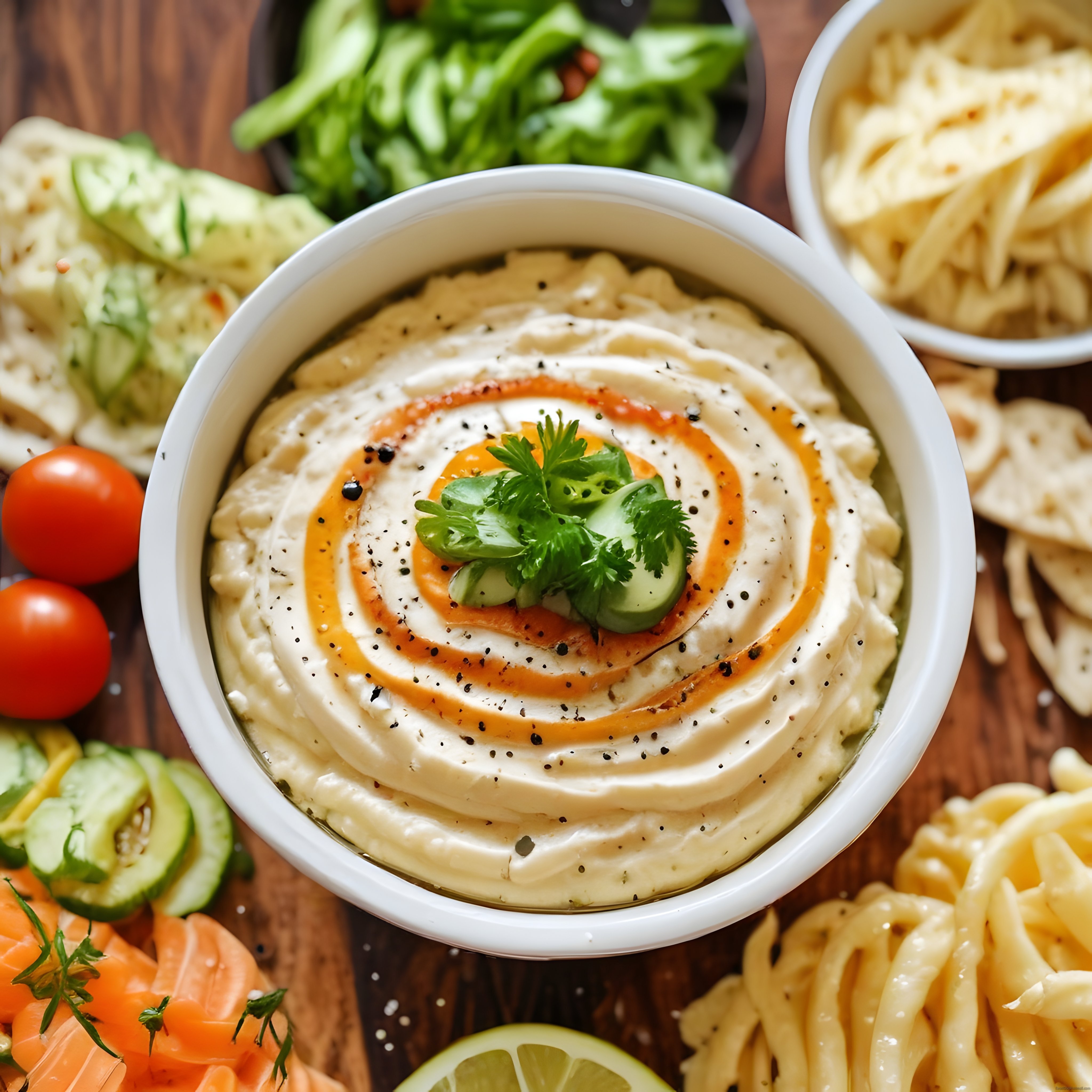 Kremamsı Humus ve Taptaze Sebzelerle Zengin Ortadoğu Meze Sunumu