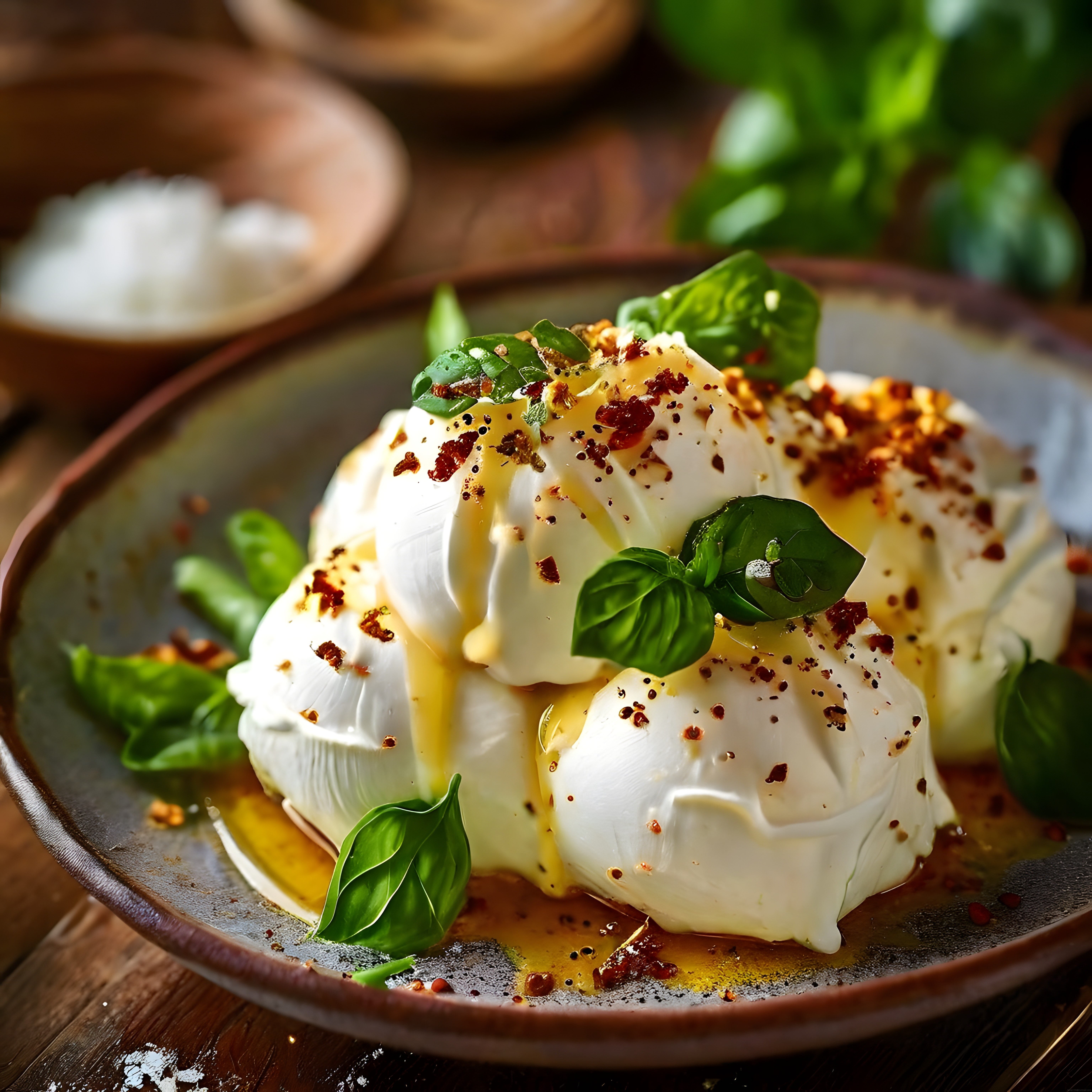 Kreması Akan Taze Burrata Peyniri, Fesleğen ve Pul Biber ile Sunum