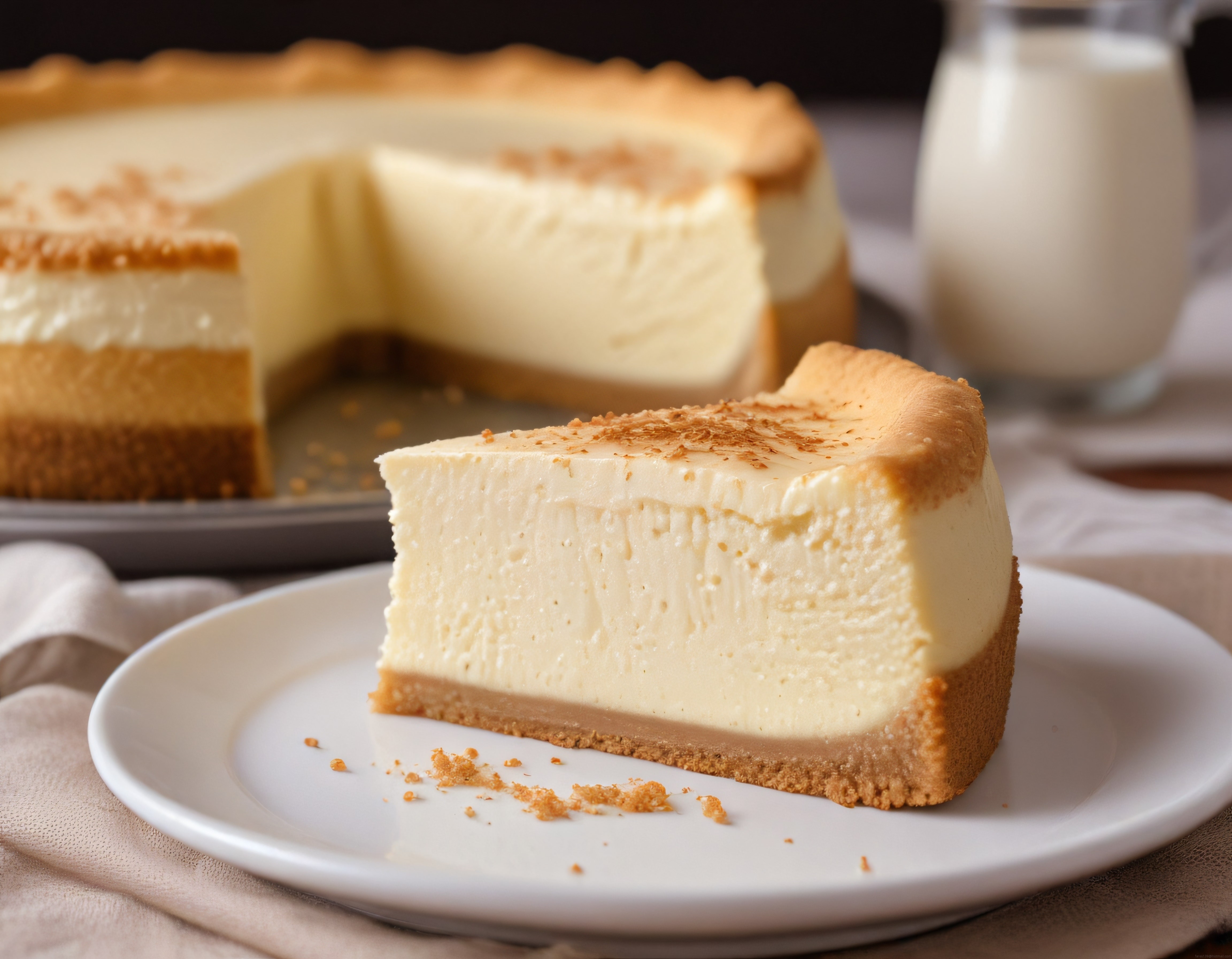 Kreması Bol Cheesecake Dilimi ve Sütlü Arka Plan ile Ev Yapımı Tatlı Sunumu
