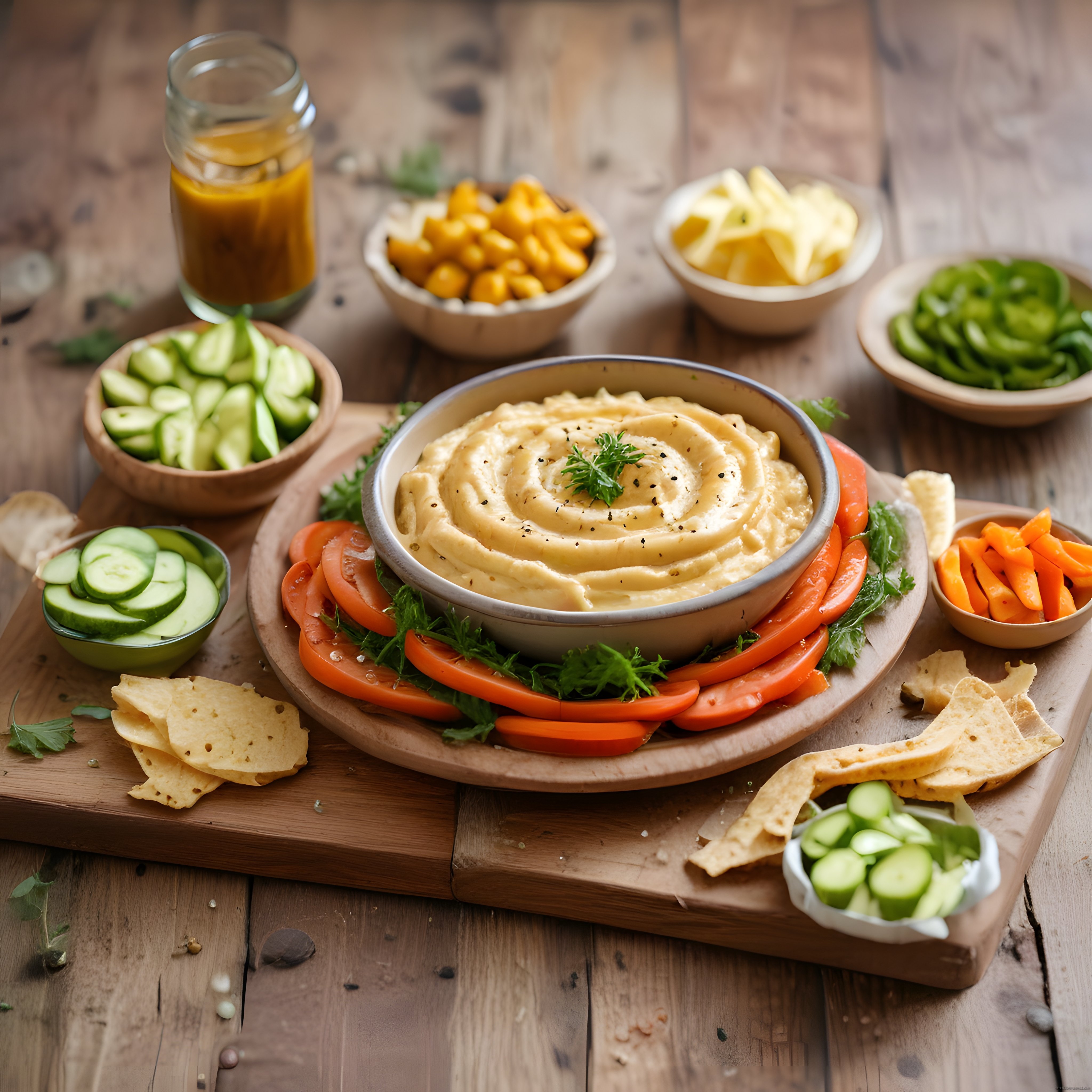 Kreması Bol Humus ve Taze Sebzelerle Renkli Atıştırmalık Sunumu