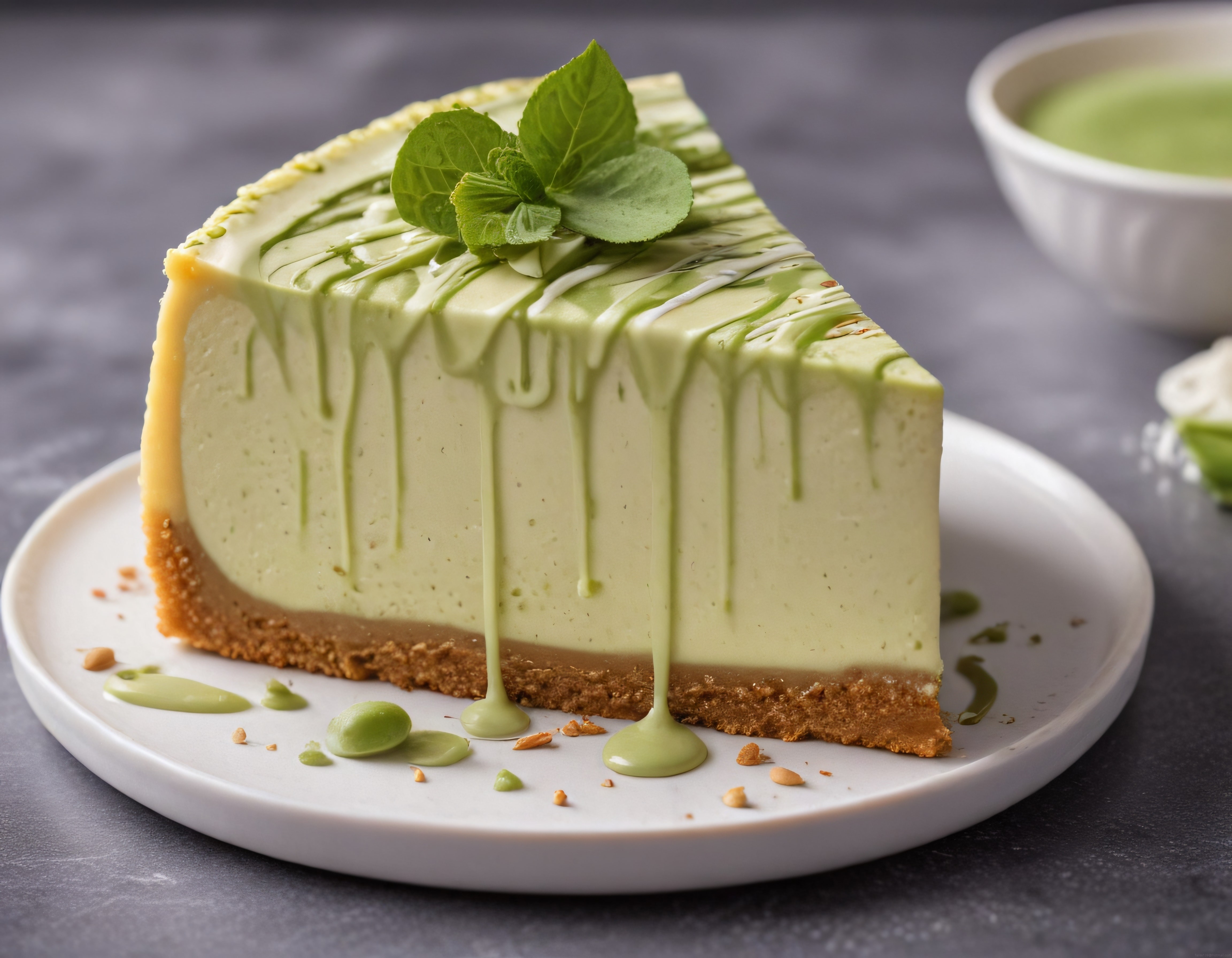 Kreması dökülen yoğun matcha çaylı cheesecake dilimi ve taze nane süslemesi