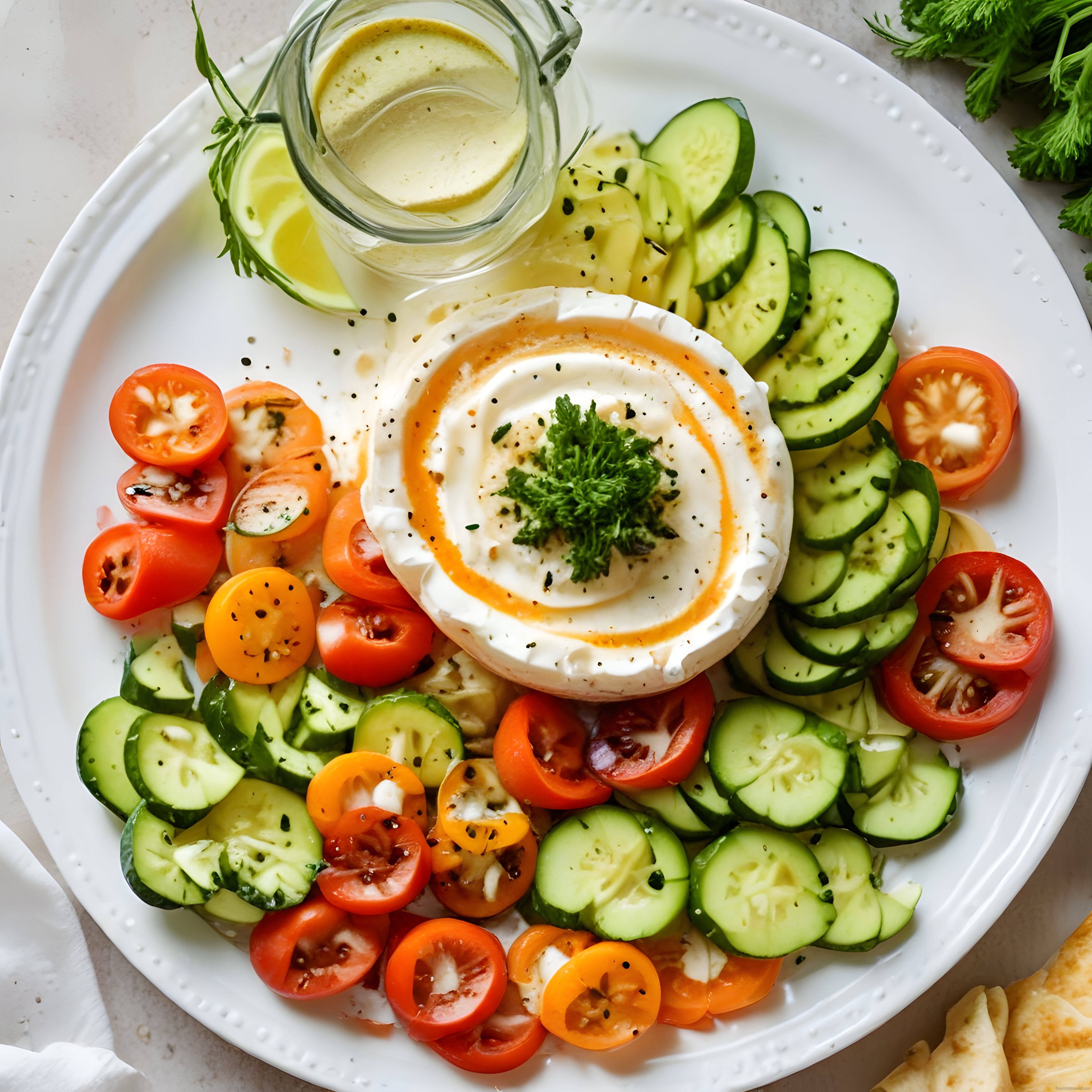 Kremasıyla İştah Açan Labne Peynirli Taze Sebze Meze Tabağı Sunumu