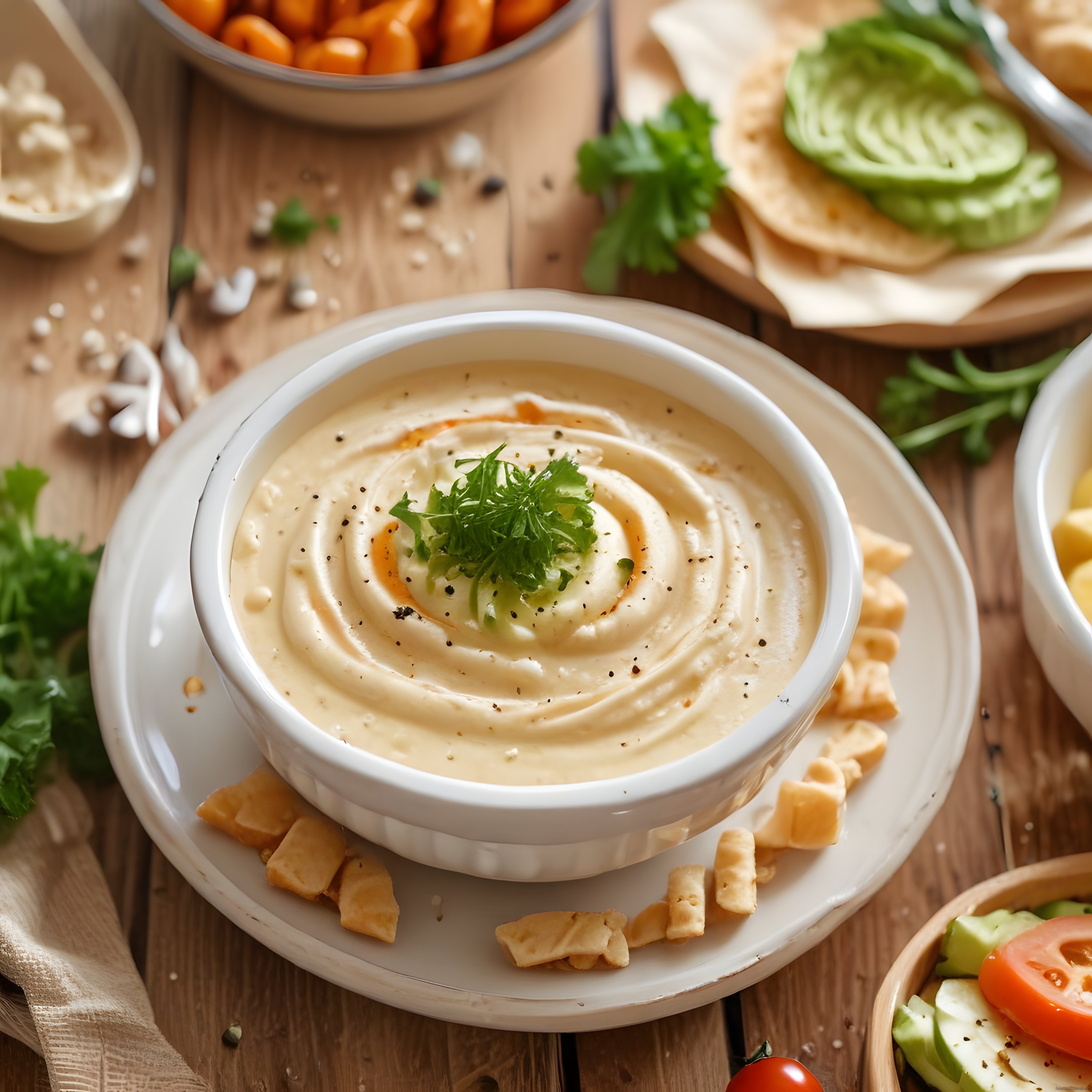 Kremasız Doğal Humus Sunumu ve Yanında Taze Sebzelerle Lezzetli Meze Tabağı