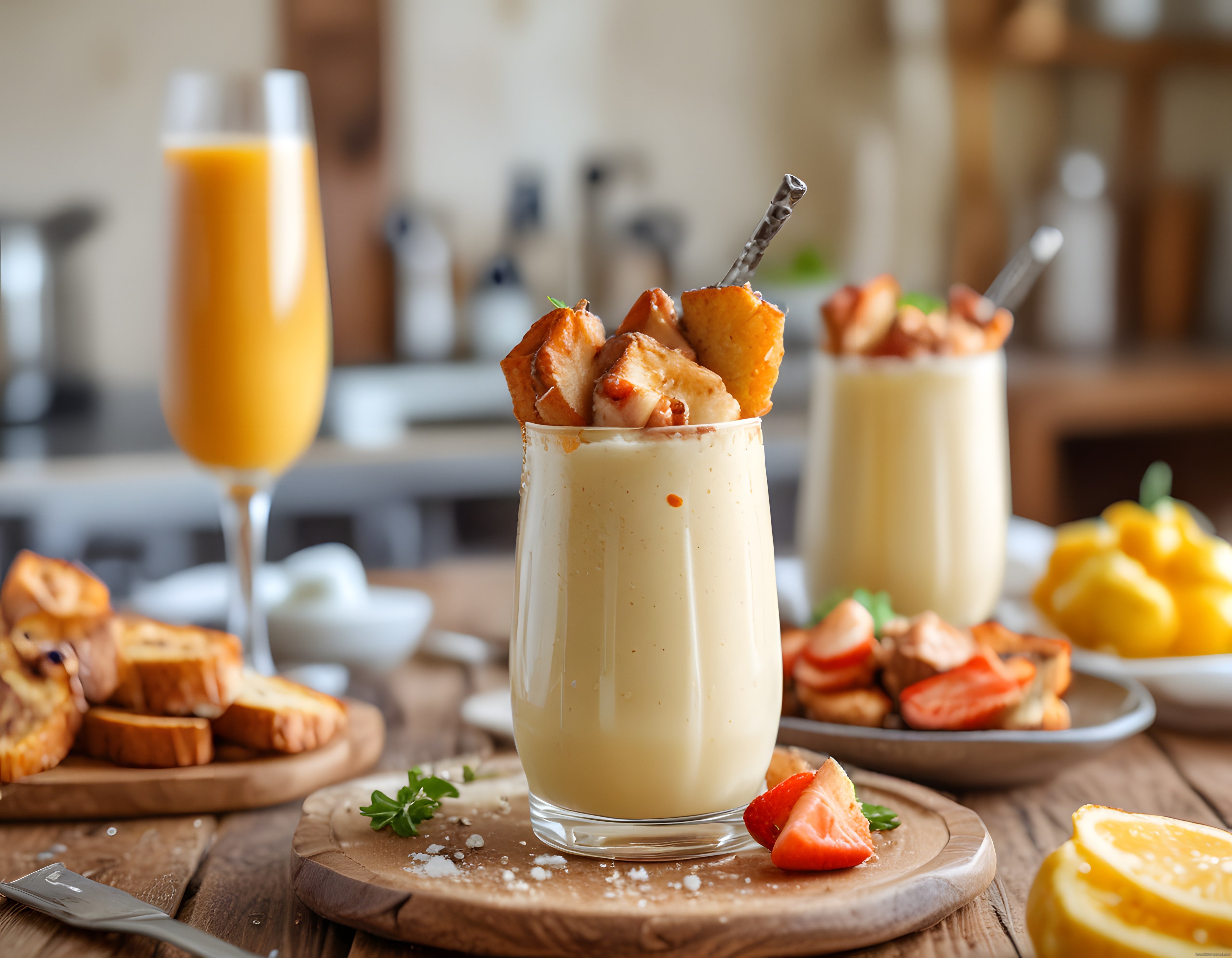 Kremsi Kahvaltı Smoothie Si Üzerinde French Toast ve Çilek Sunumu