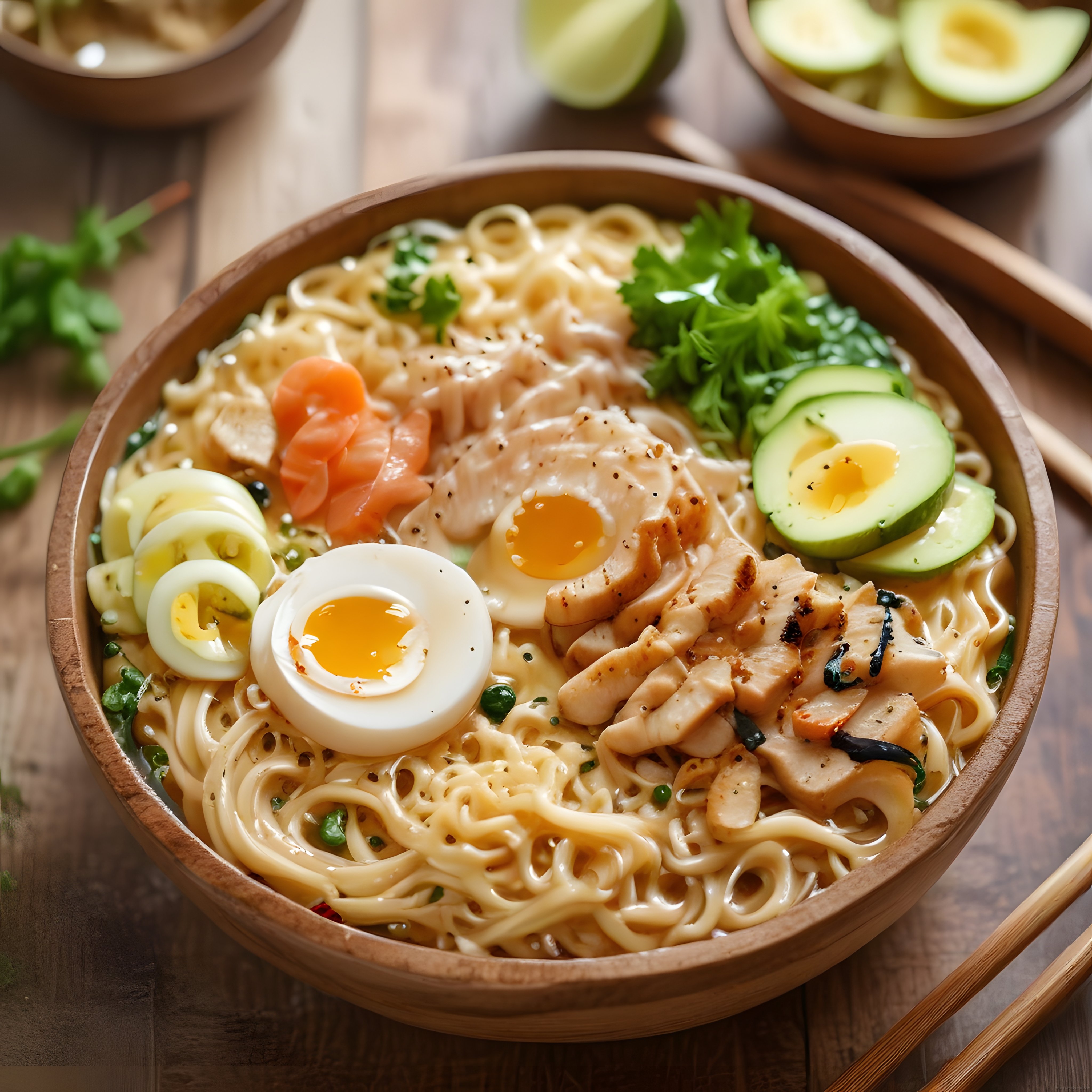 Kremsi Tavuklu Noodle Kasesi: Yumurta, Avokado ve Yeşillikli Ramen Sunumu