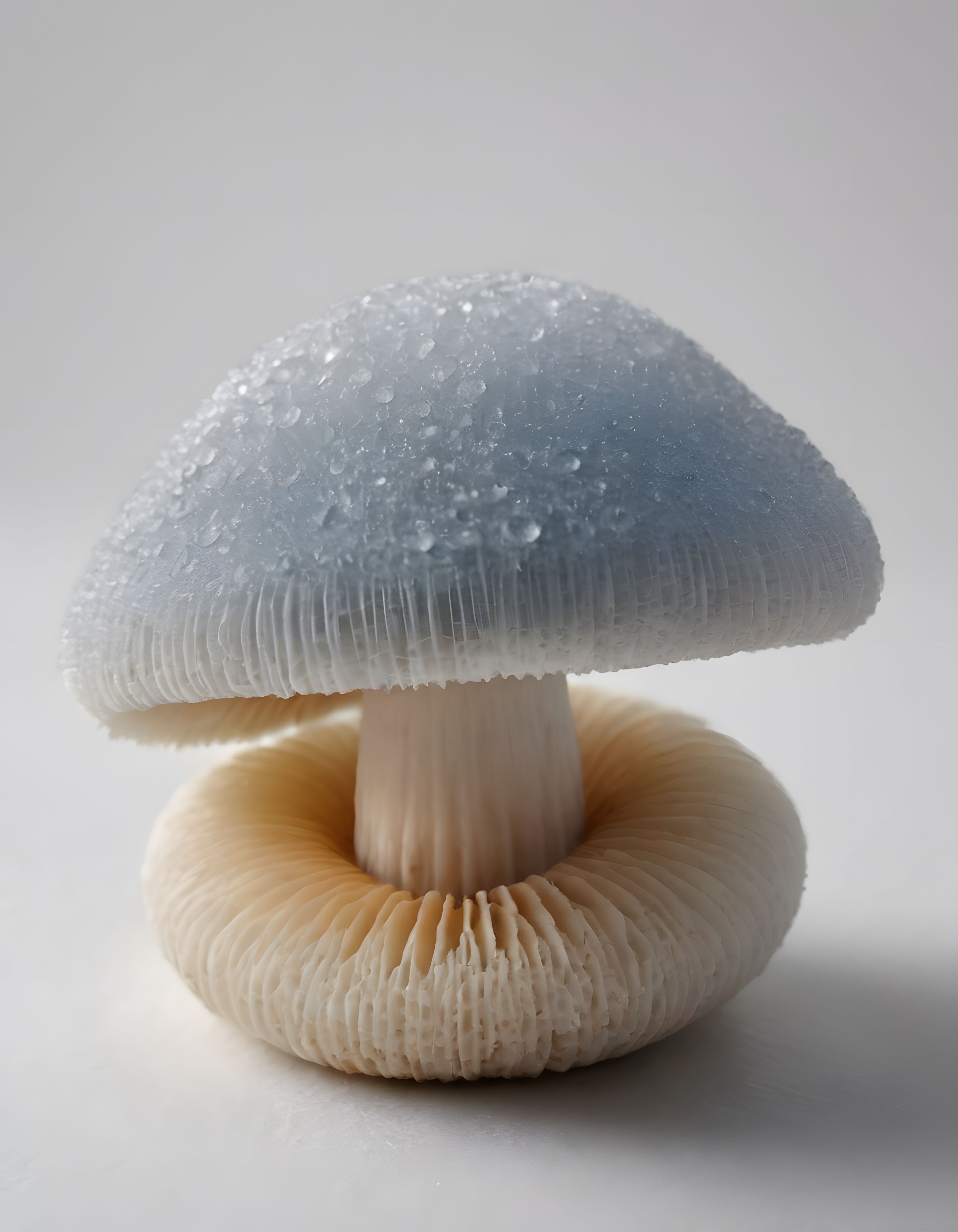 Kristal Kaplı Mavi Mantar ve Altındaki Krem Rengi Fungus Makro Çekimi