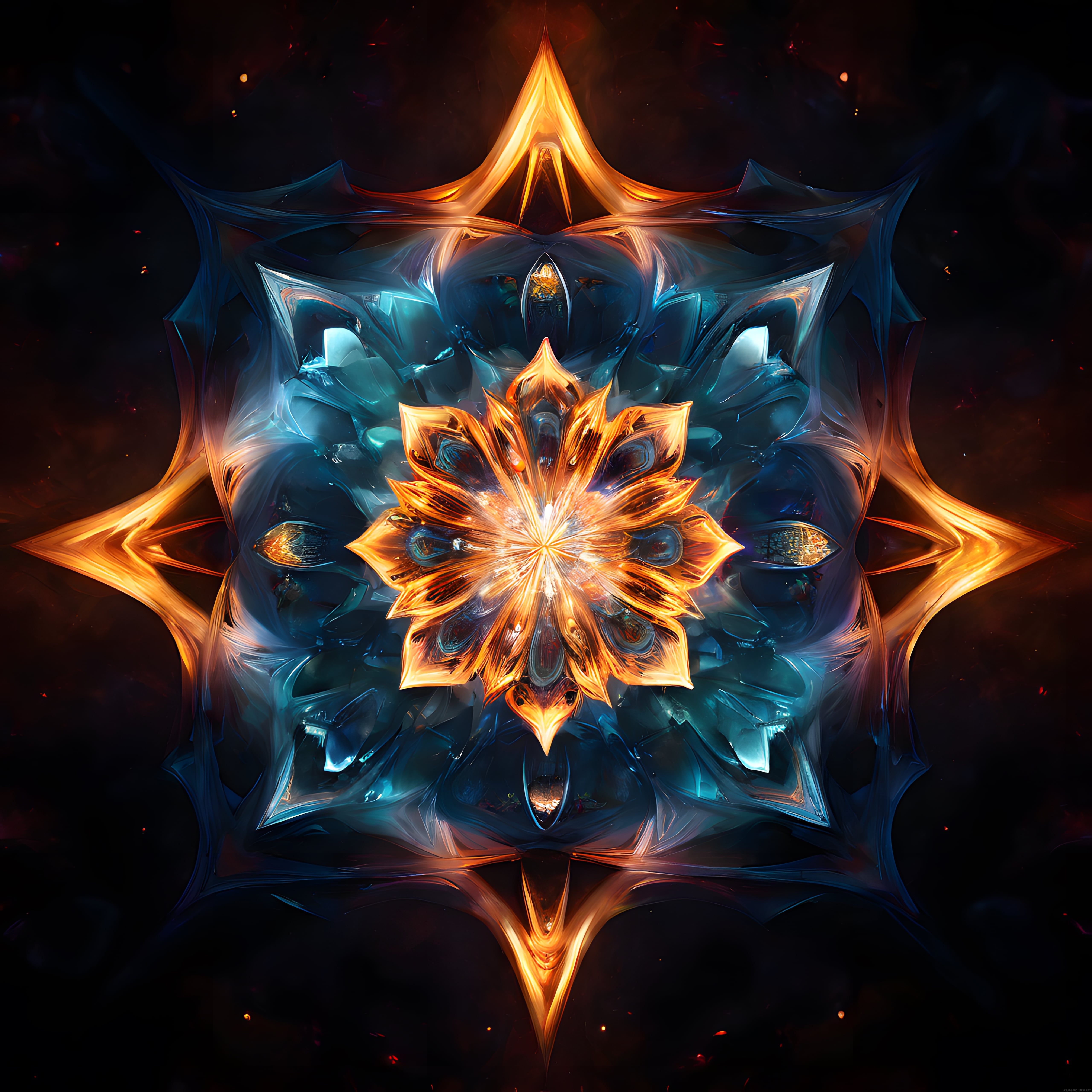 Kristal Mandala Formunda Parlayan Soyut Dijital Sanat ve Işık Tasarımı