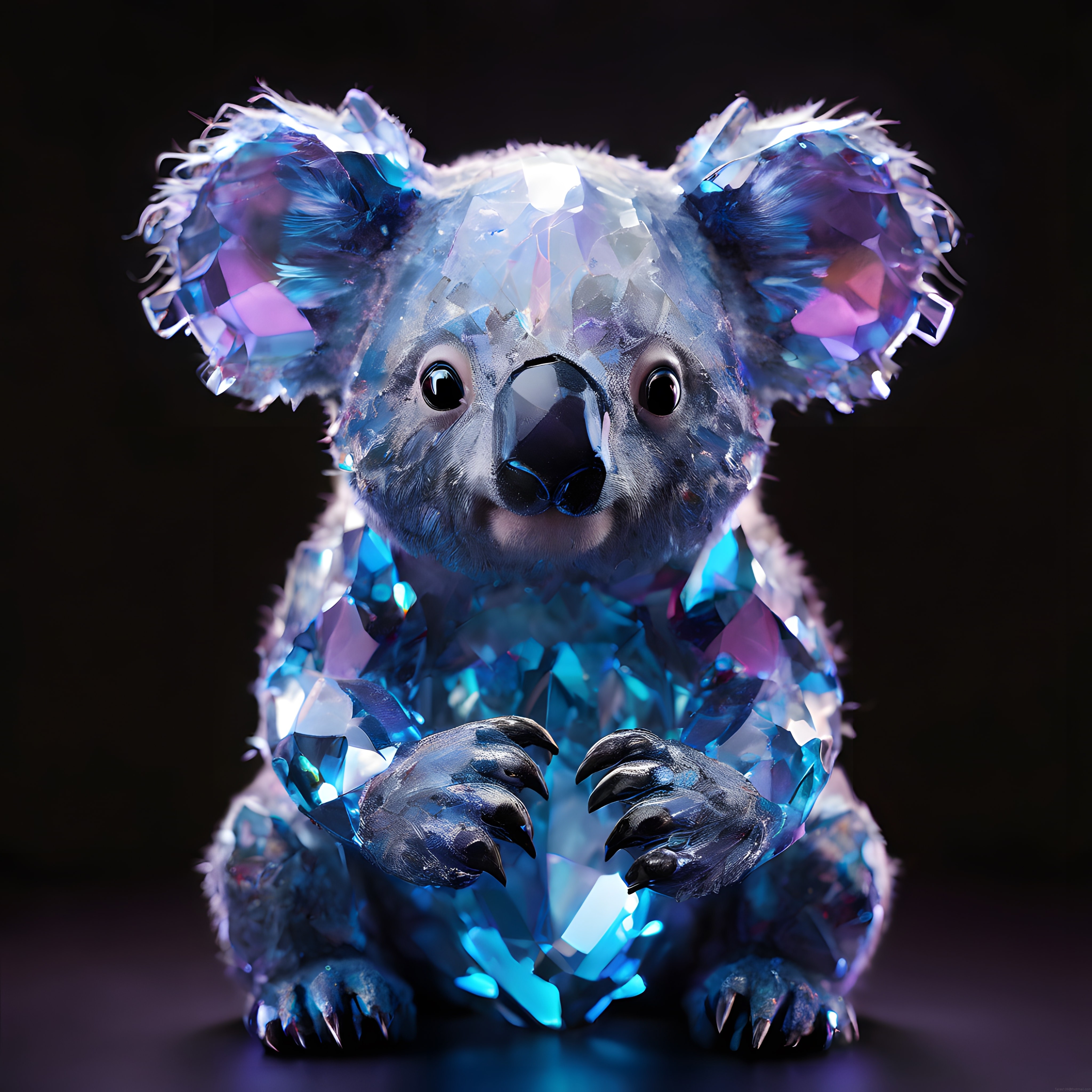 Kristal parçalarla kaplı, mavi ışıklı fantastik koala 3d render illüstrasyon