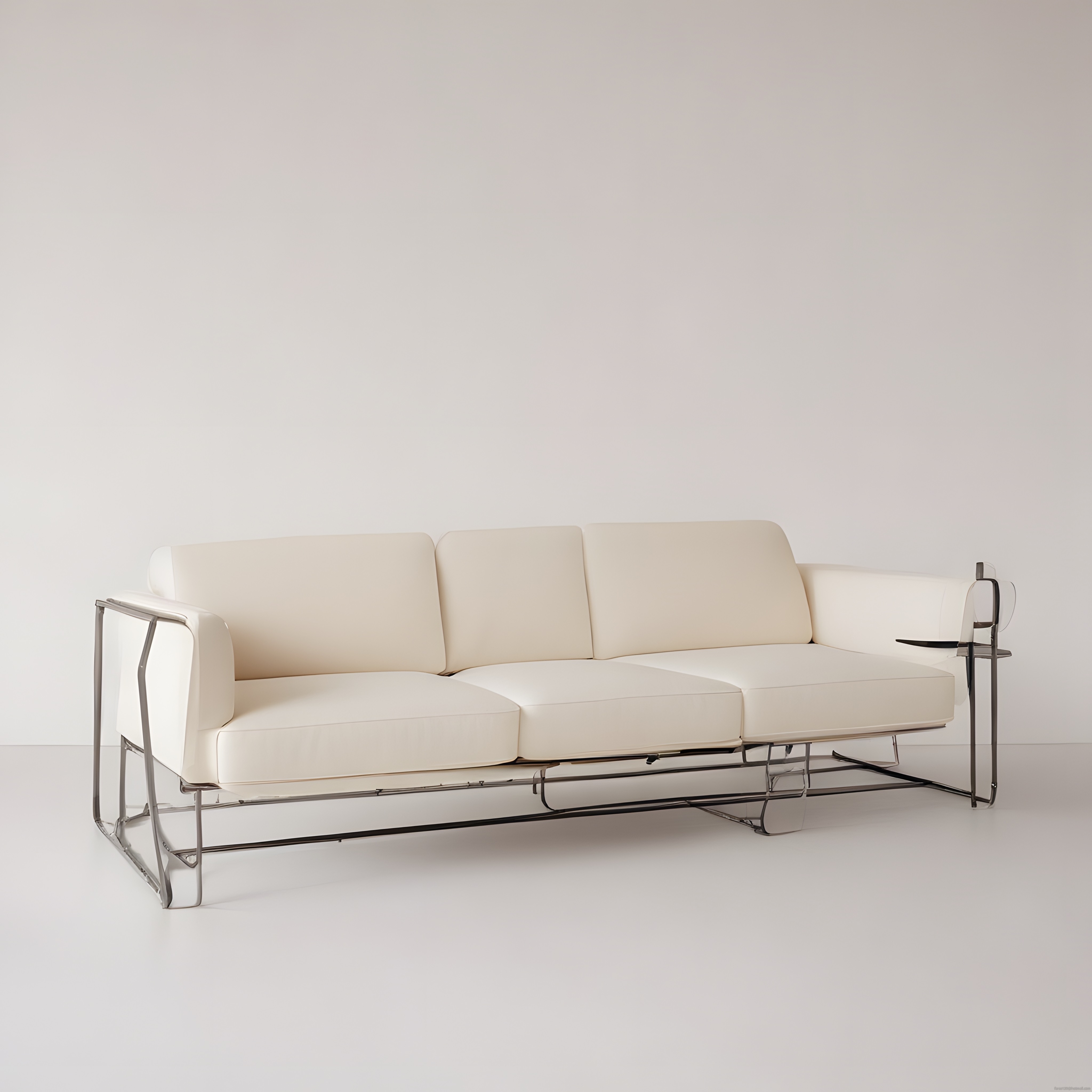 krom iskeletli modern krem deri kanepe minimalist beyaz stüdyo ortamında sergileniyor