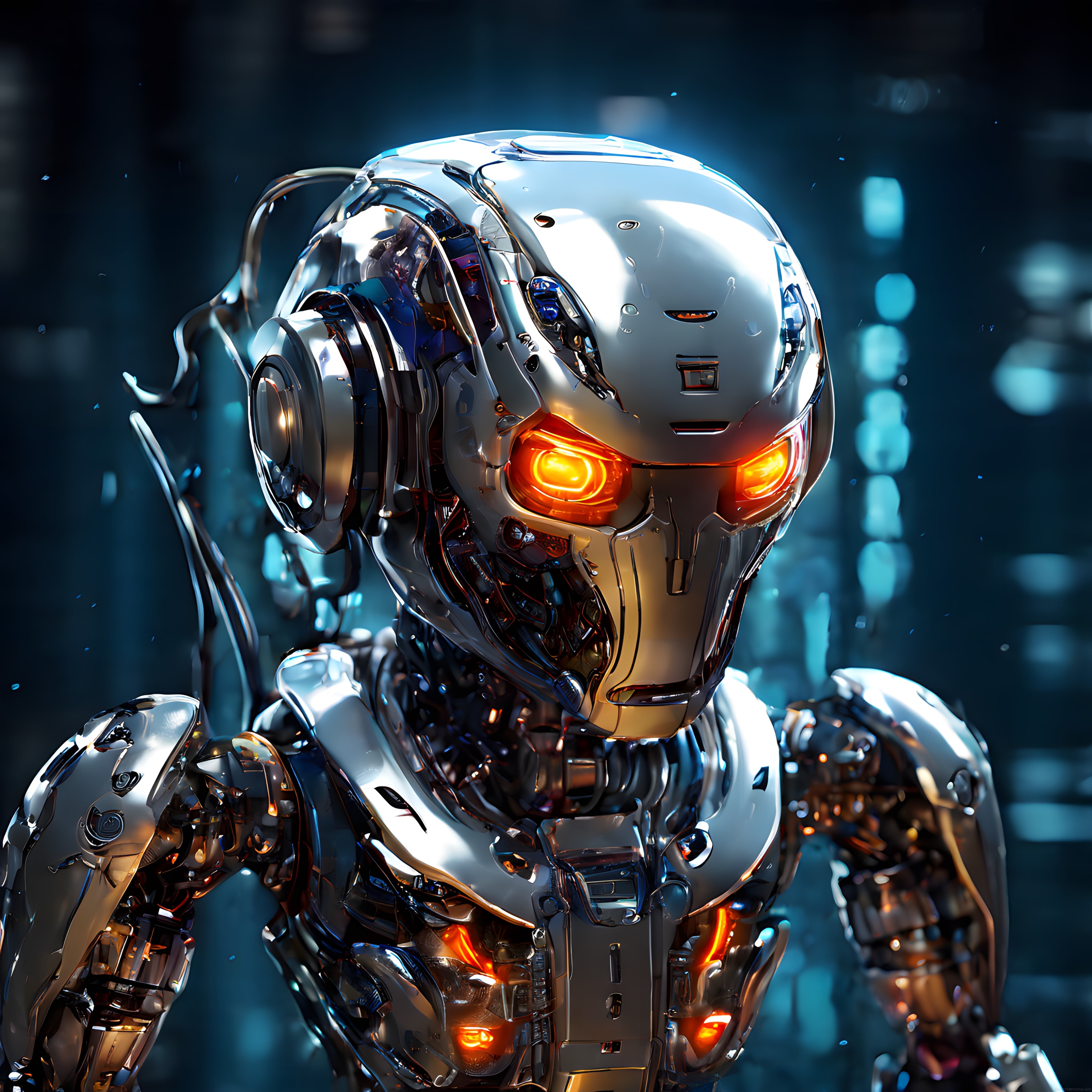krom kaplama ve alev gibi gözleriyle dikkat çeken humanoid robot
