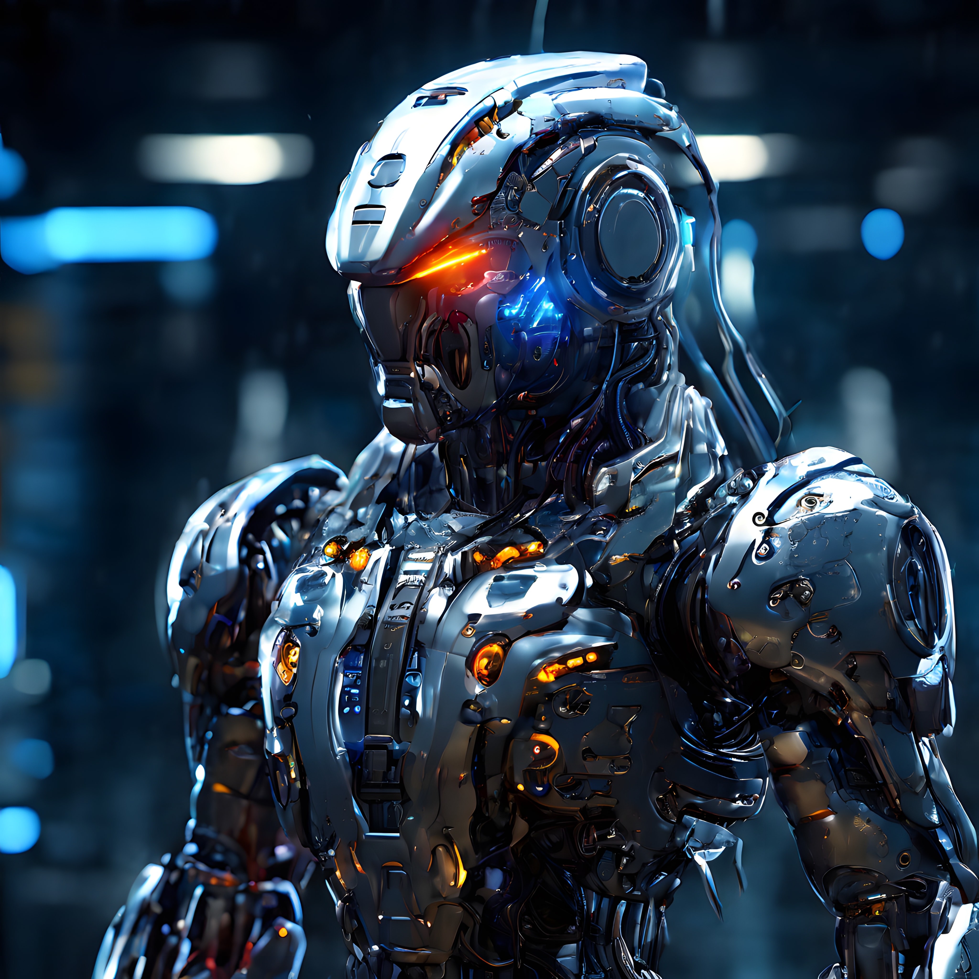 Krom Kaplı Geleceğin Savaş Robotu: Neon Işıklı Metalik Cyborg Portresi