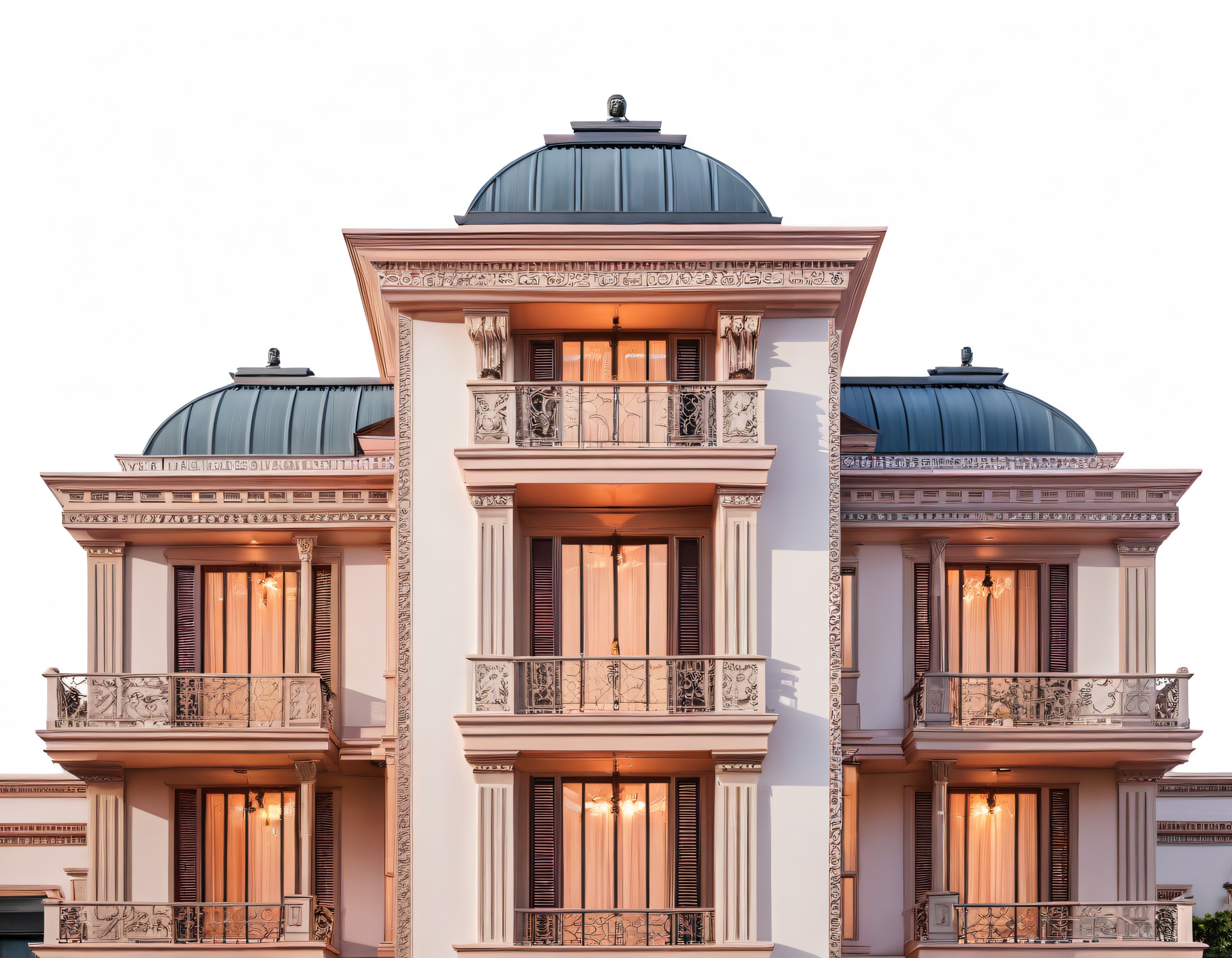 Kubbeli Çatılı Lüks Konut Dış Cephesi ve Süslü Balkon Tasarım Detayları