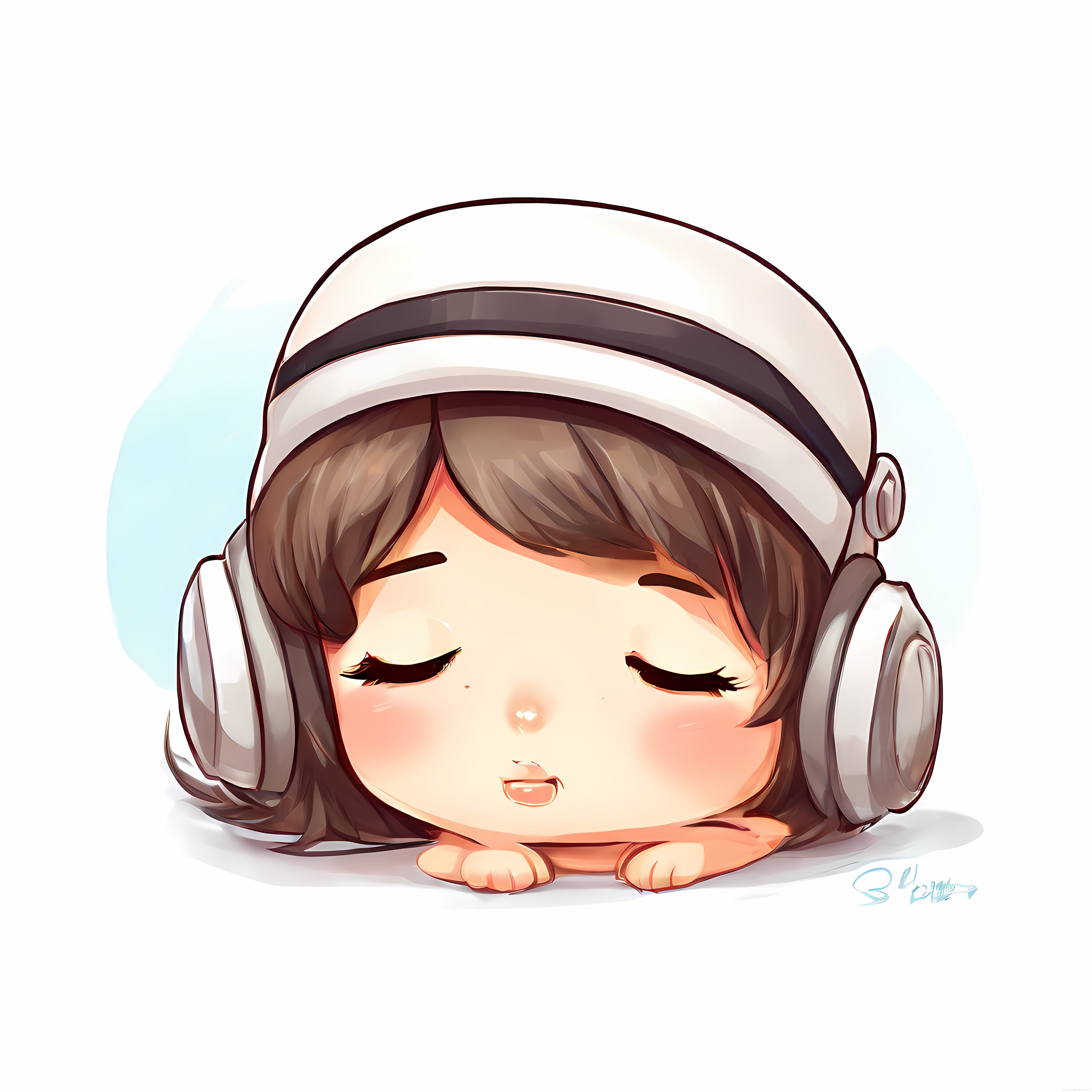 Kulaklığıyla Yere Yayılmış Müzik Dinleyen Rahatlamış Sevimli Chibi Karakter