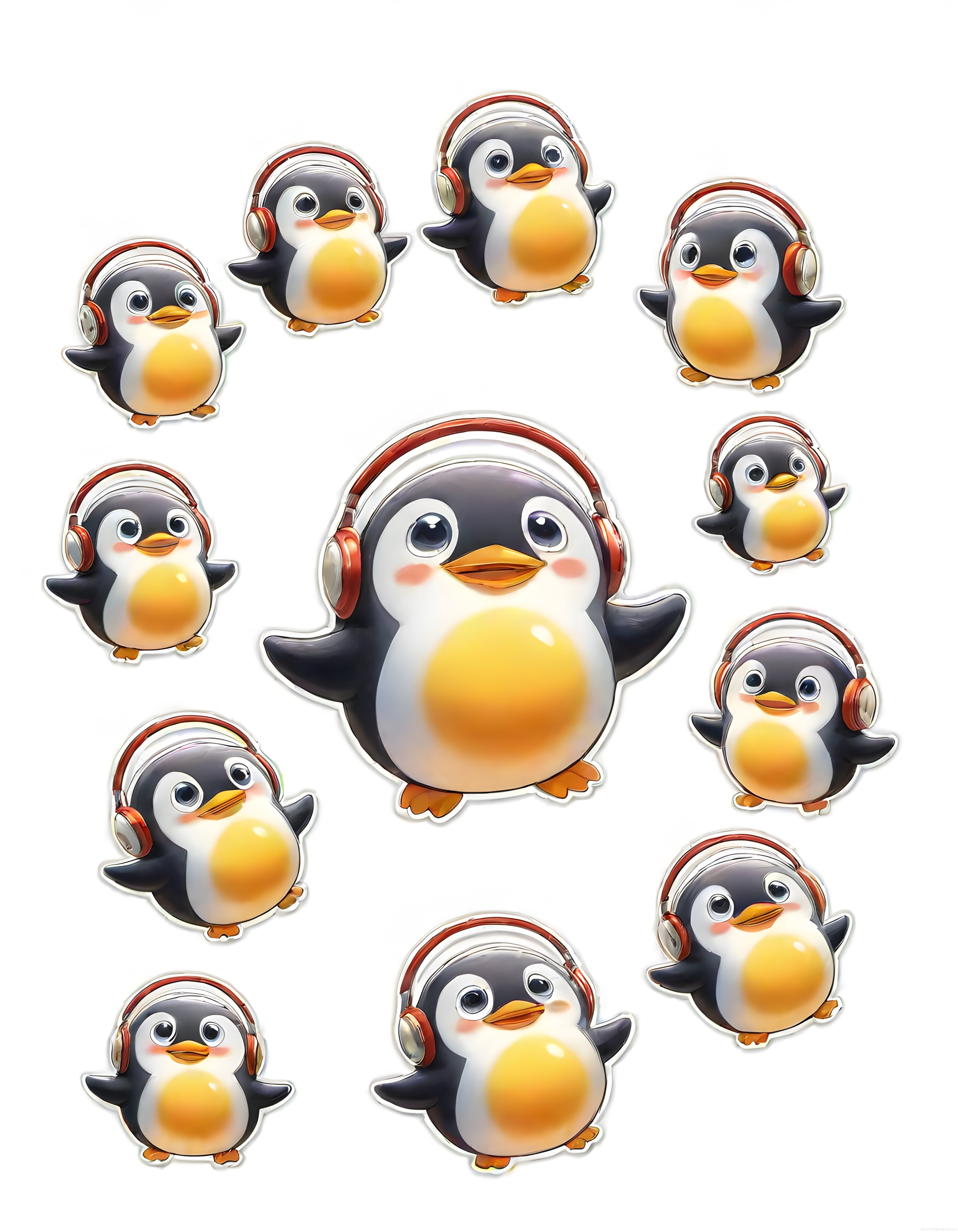Kulaklık Takan Sevimli Penguen Stickerları: Karikatür İllüstrasyon Seti