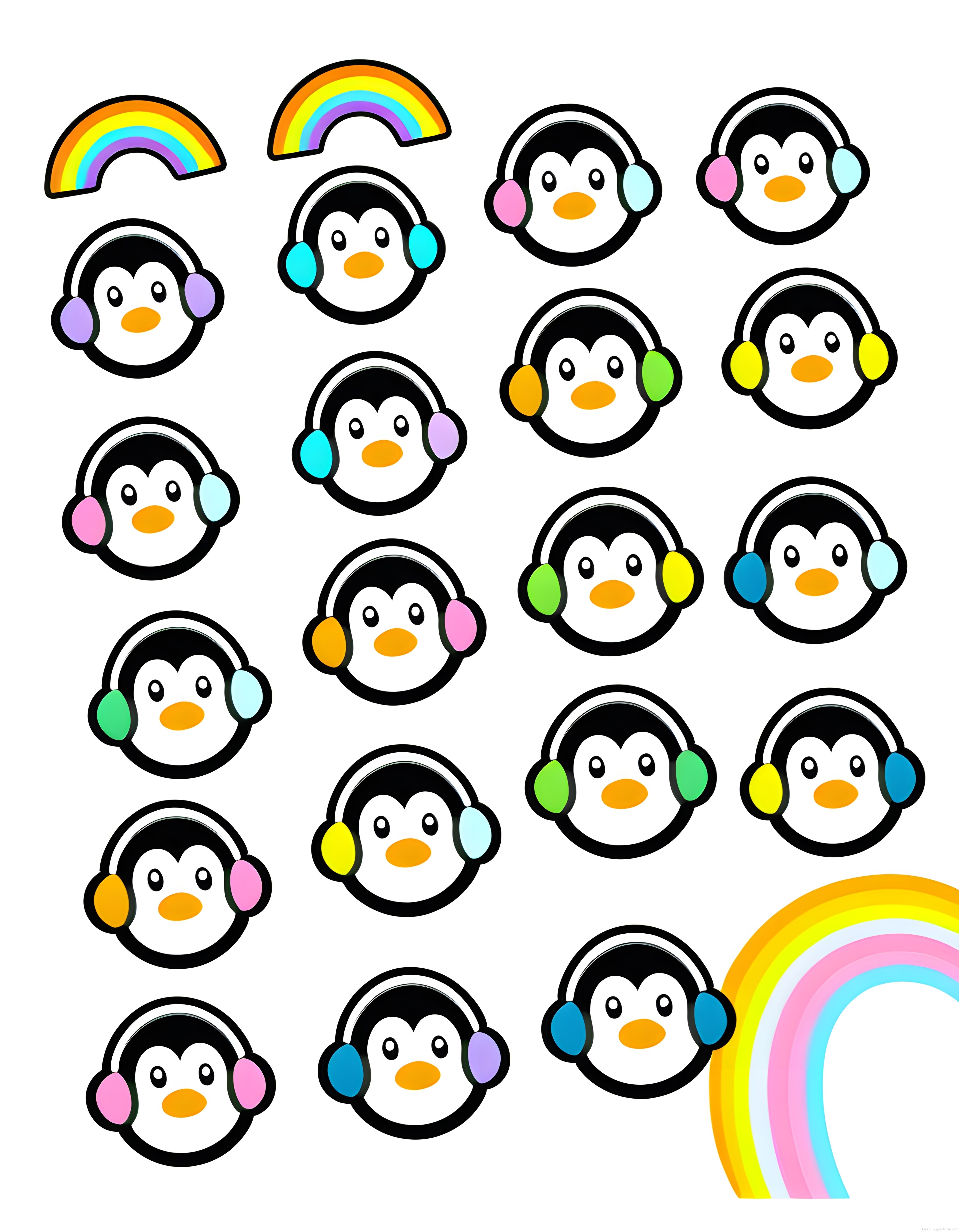 Kulaklık Takan Sevimli Penguenler ve Renkli Gökkuşağı Sticker Koleksiyonu