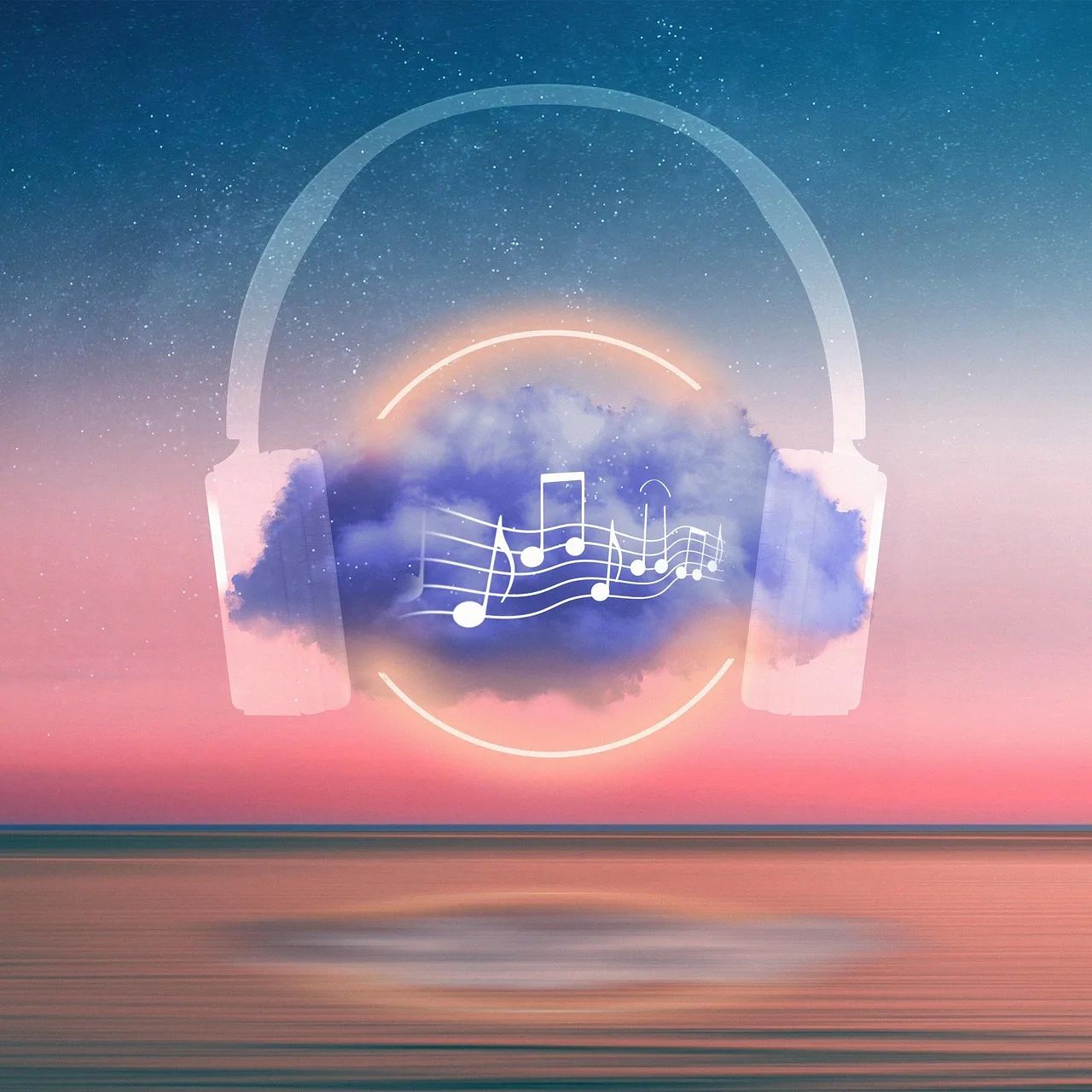 Kulaklıkla dinlenen bulutlu müzik duvar kağıdı