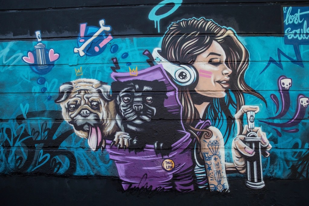 Kulaklıklı Kadın ve Taçlı Pug Köpekleriyle Renkli Sokak Grafiti Sanatı