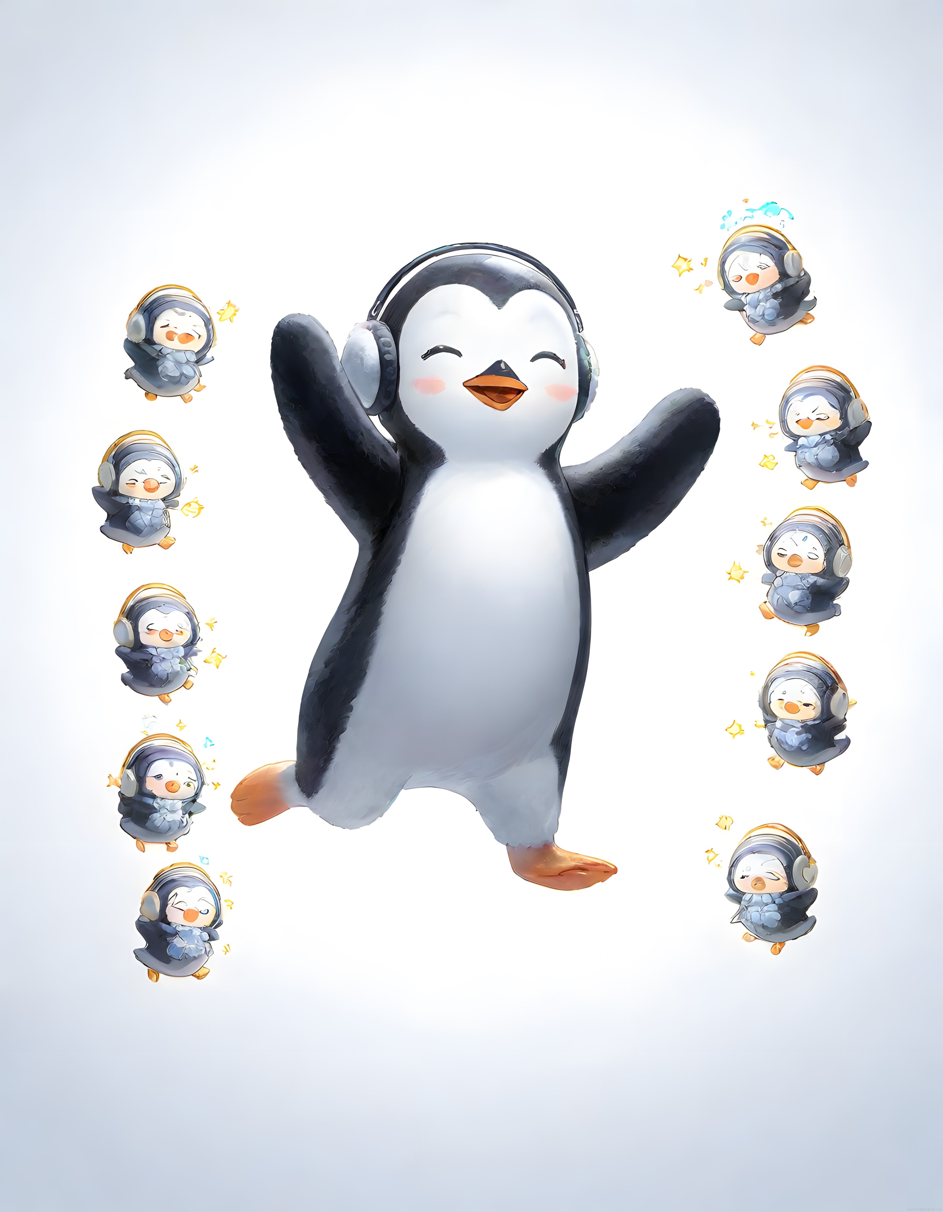 Kulaklıklı mutlu penguen ve sevimli duygu ifadeleri dijital illüstrasyonu