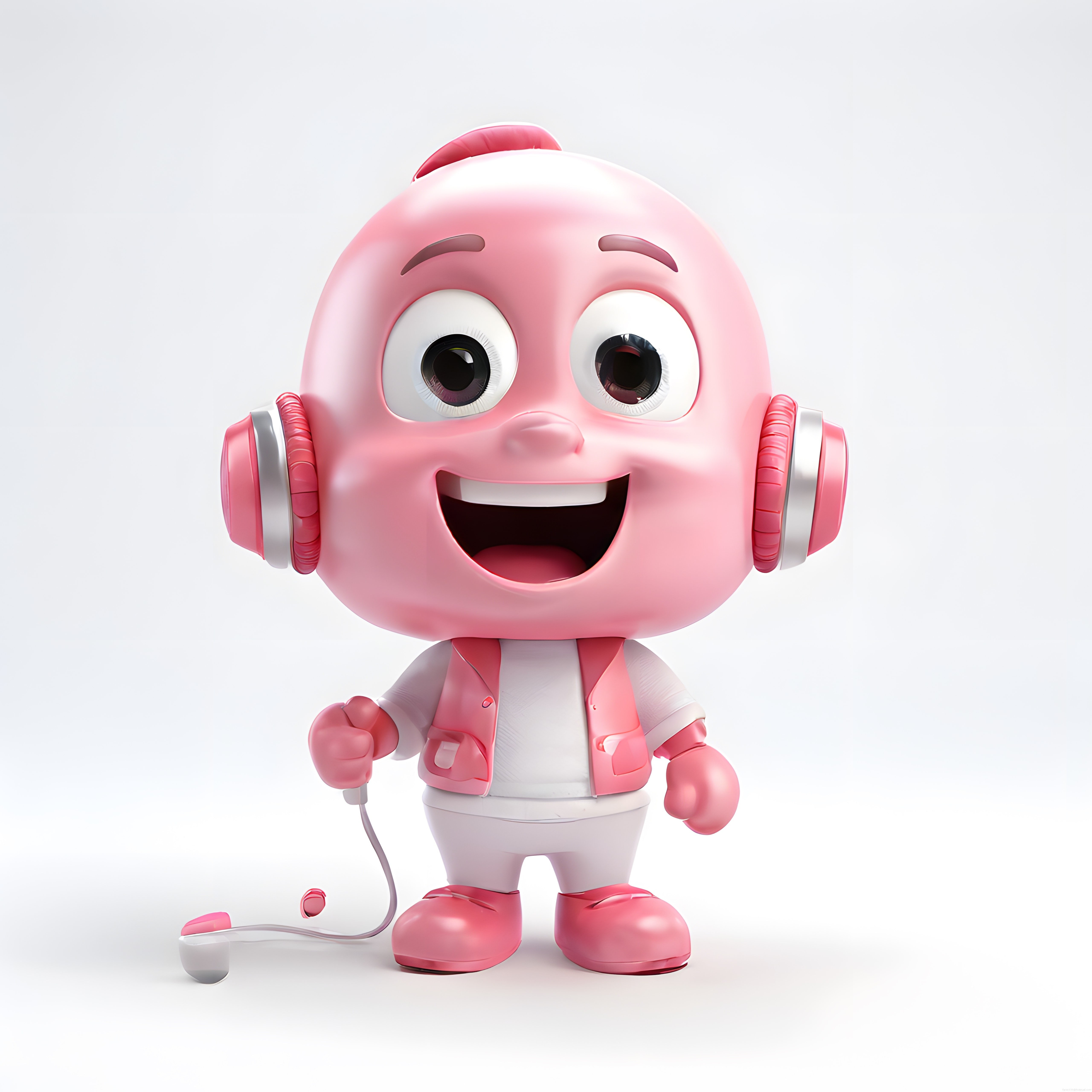 Kulaklıklı Pembe 3D Oyun Karakteri Gülümseyen Mutlu Animasyon Maskotu