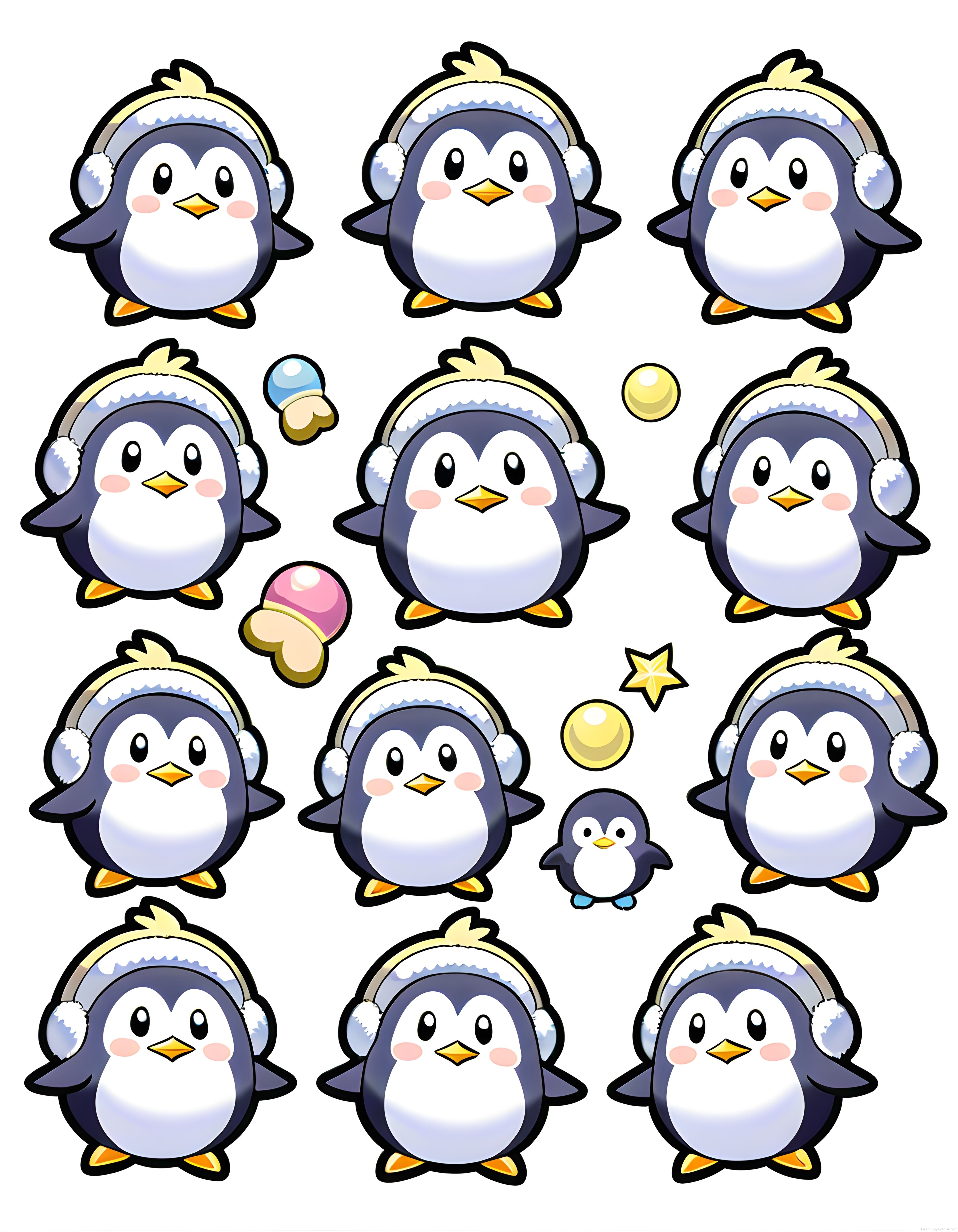Kulaklıklı sevimli penguen karakter seti kış temalı dijital çizim