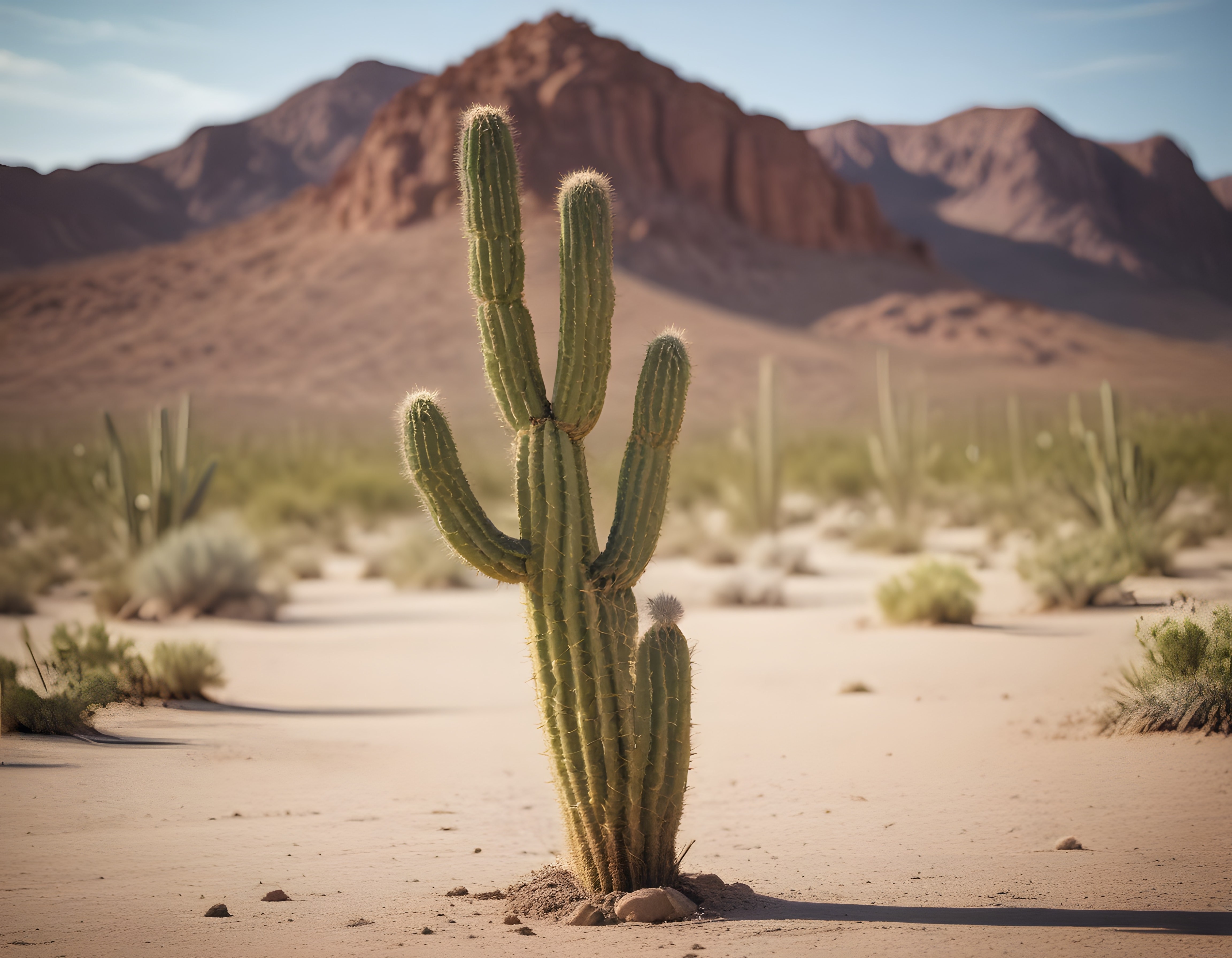 Kumlu çölün ortasında yalnız kaktüs ve kızıl dağların büyüleyici manzarası