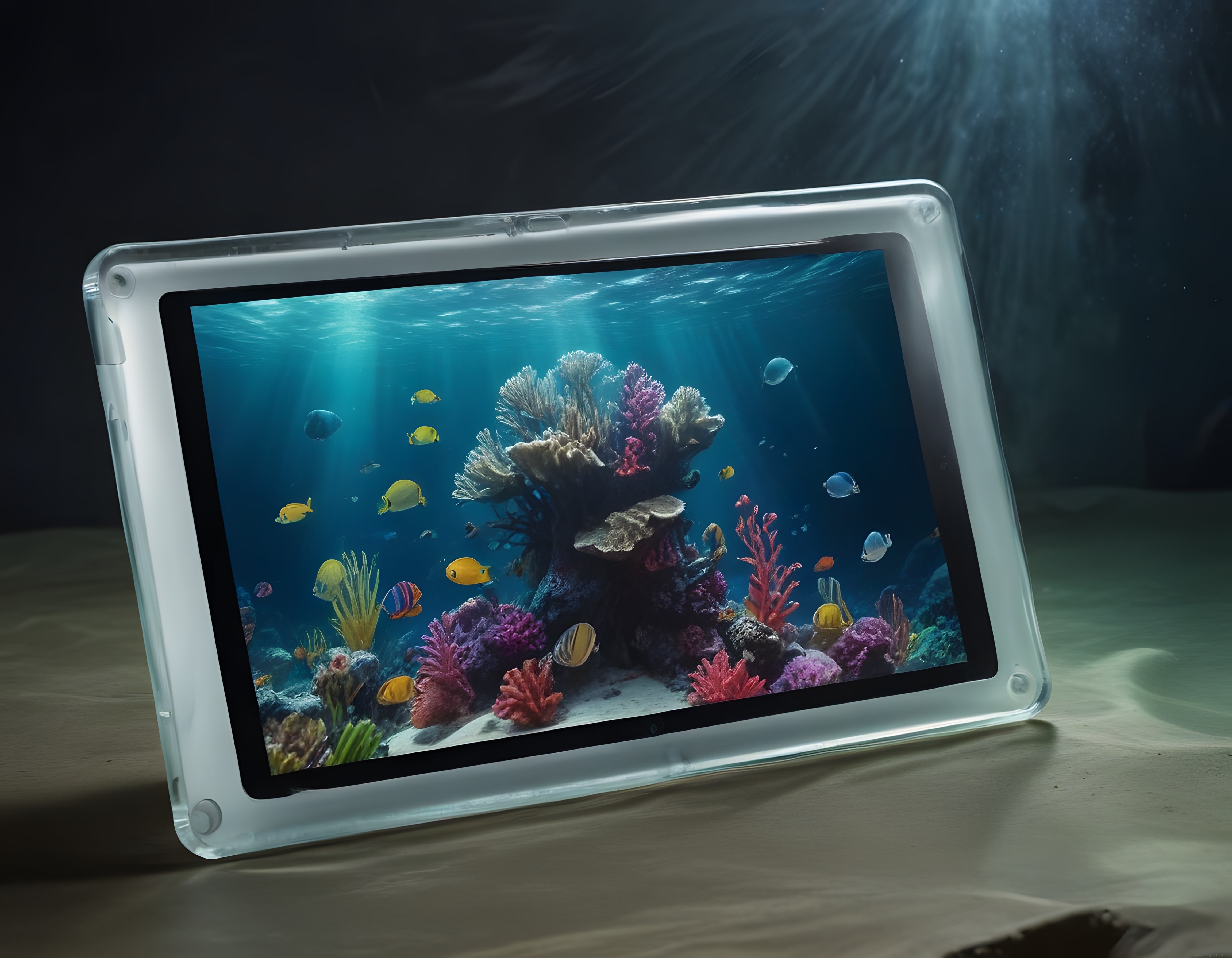 Kumlu Zeminde Duran Tablette Canlı Su Altı Mercan ve Balık Dünyası