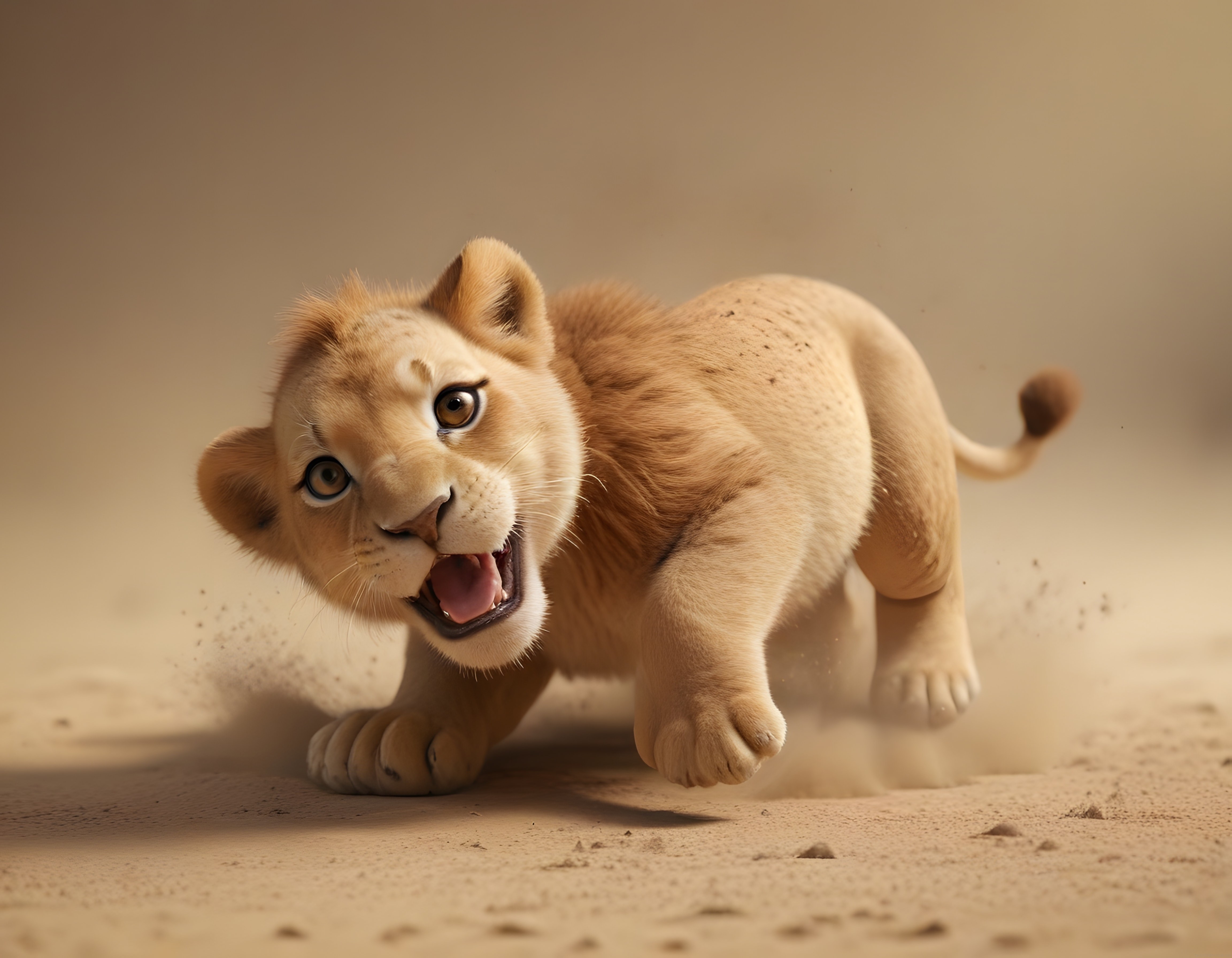 Kumlu Zeminde İlerleyen Sevimli Aslan Yavrusu 3D Render Dijital İllüstrasyon
