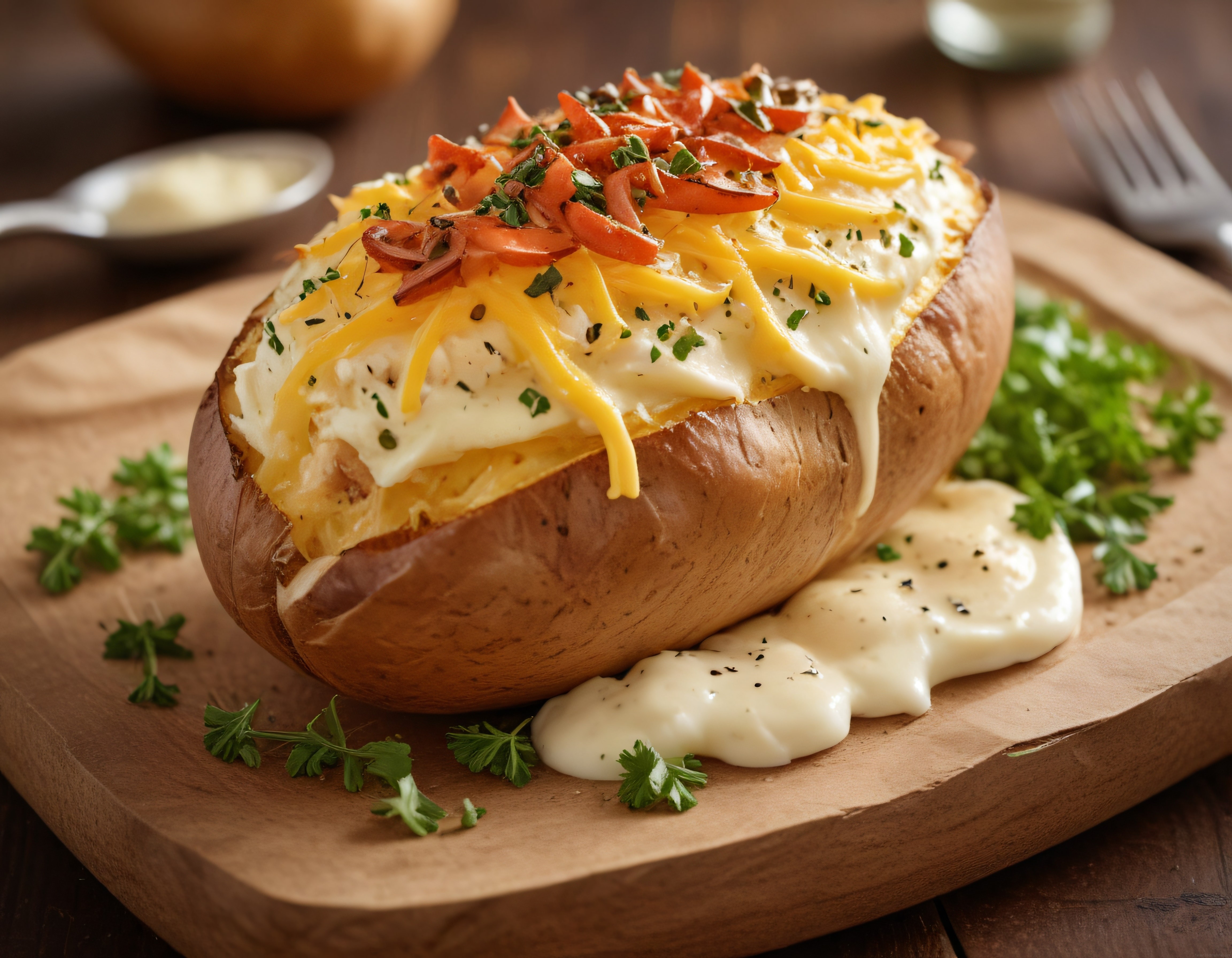 Kumpir Tarifi: Fırında Cheddar Peyniri ve Domatesli Patates Sunumu