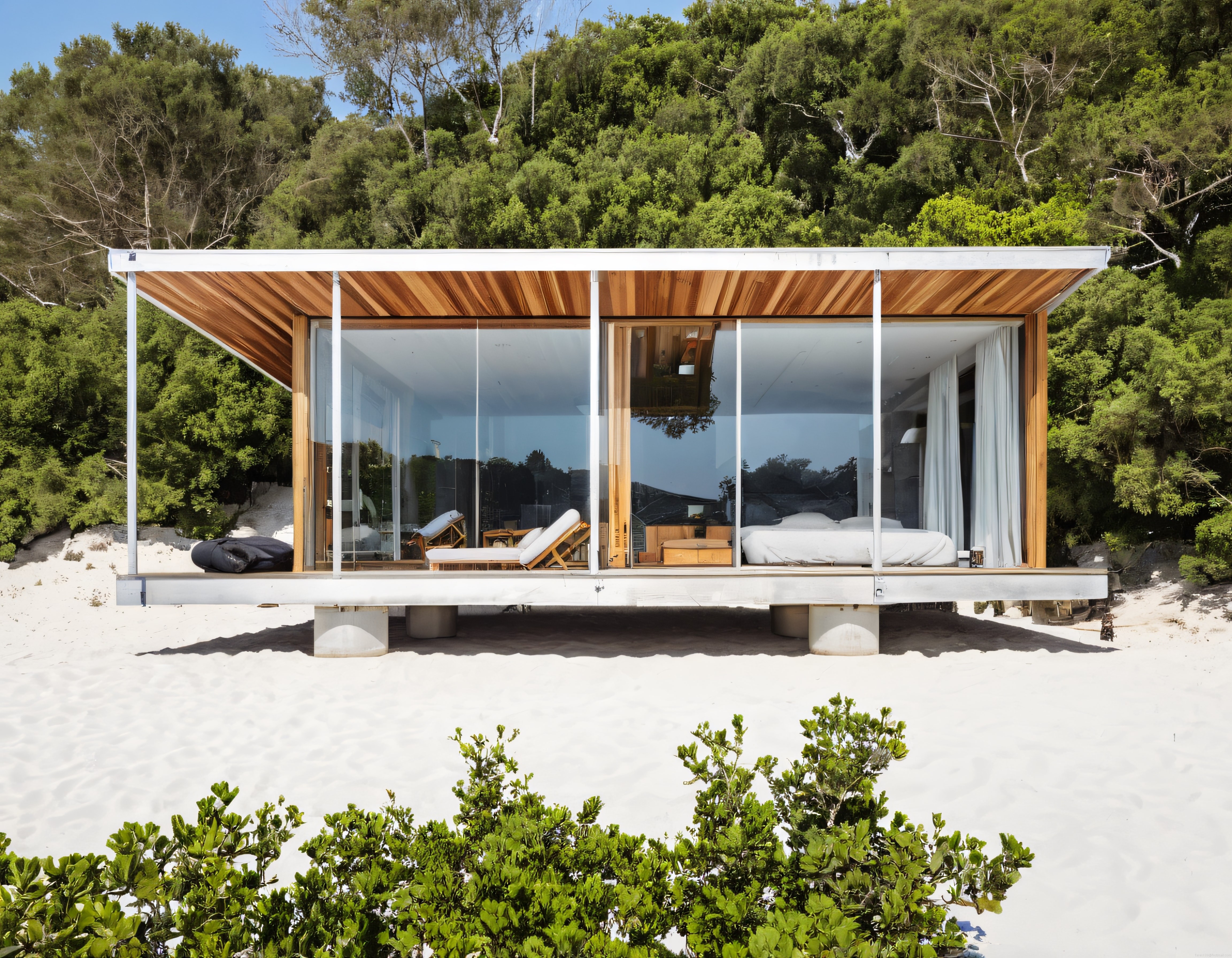 Kumsal Kenarında Cam Cepheli Modern Ahşap ve Minimalist Tiny House