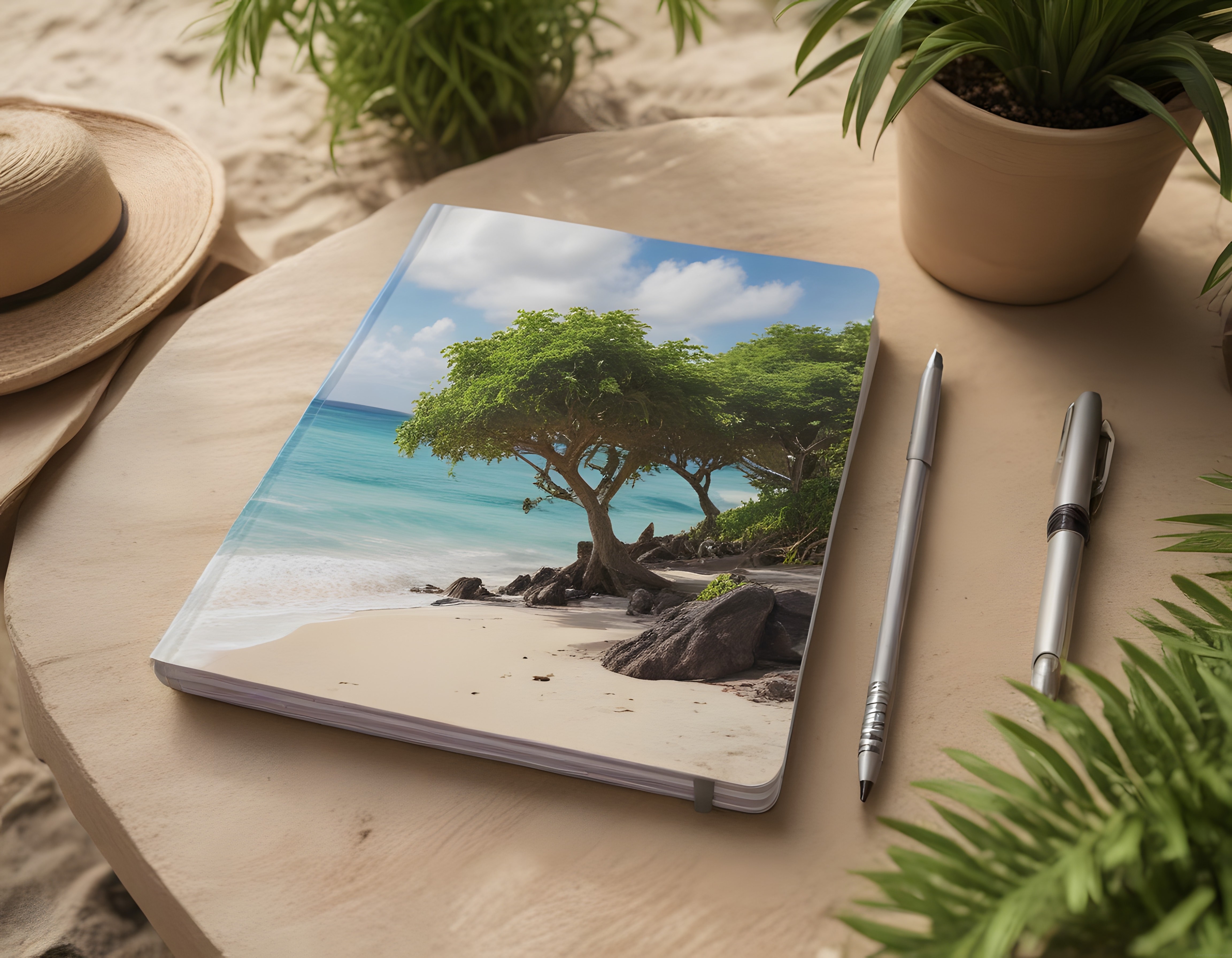 Kumsal manzaralı defter ve kalemlerle ahşap masada tropikal tatil atmosferi