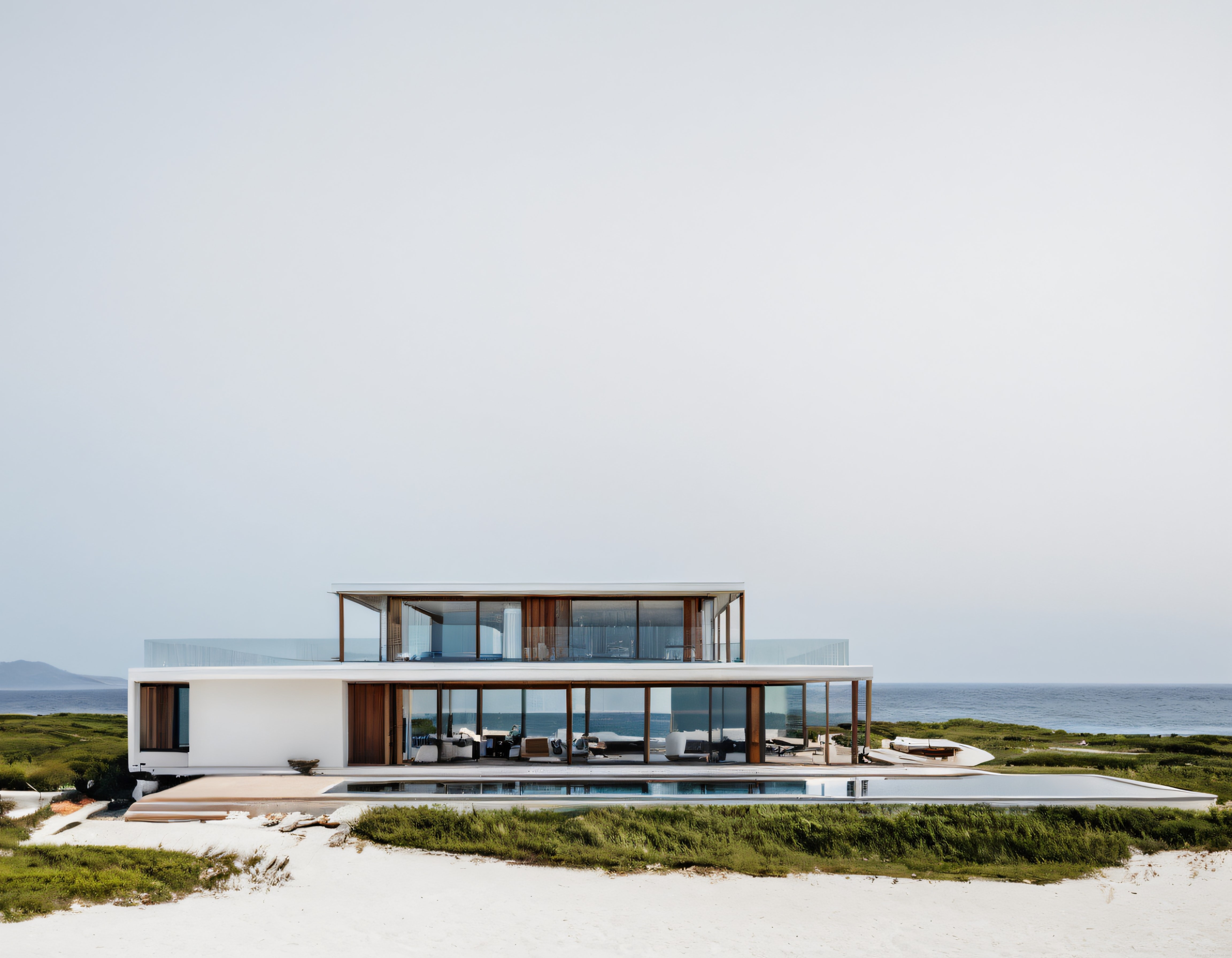 Kumsalda Lüks ve Modern Minimalist Cam Villa ile Sonsuz Havuz Tasarımı