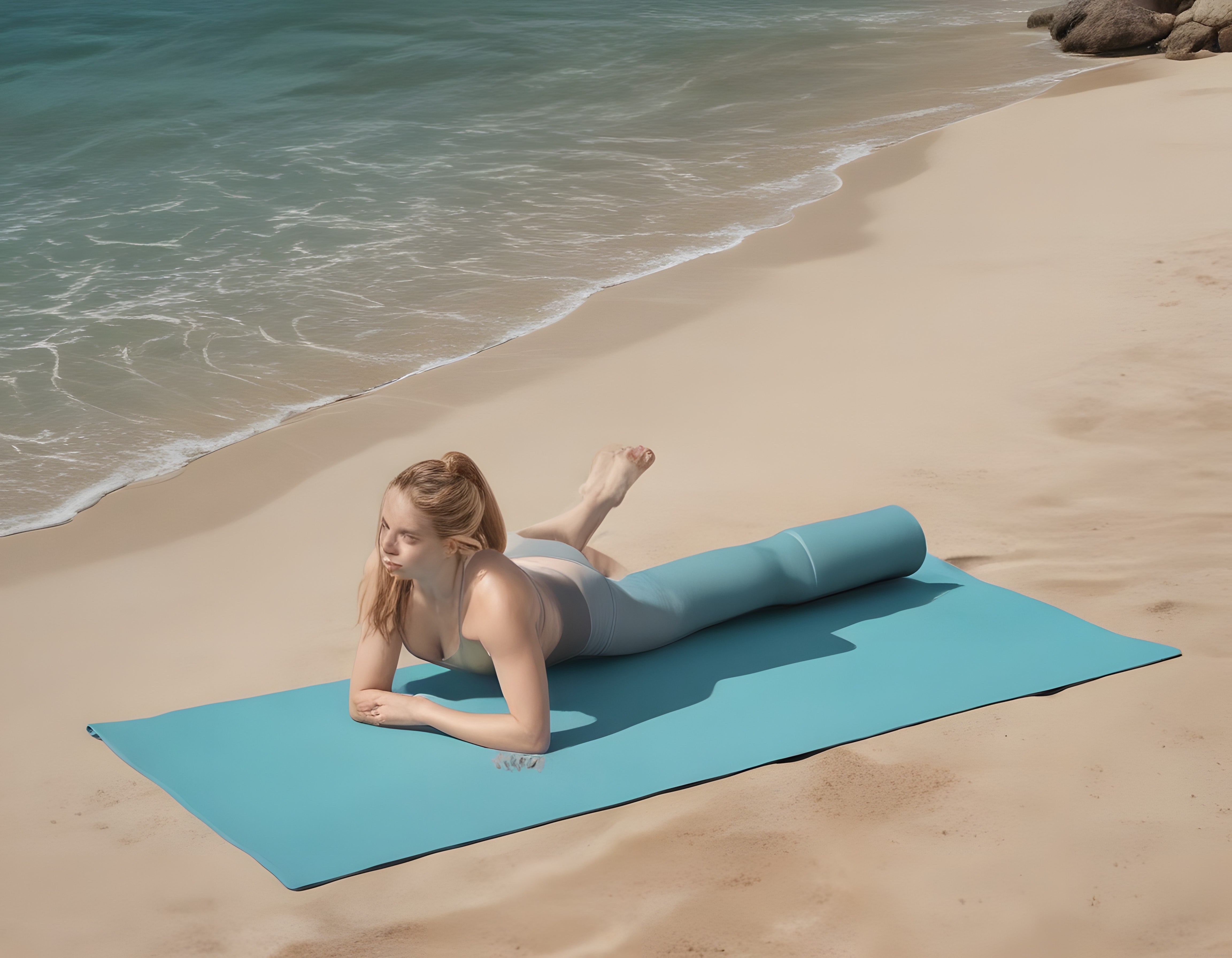 Kumsalda Mavi Yoga Matı Üzerinde Egzersiz Yapan Genç Kadın ve Deniz Manzarası