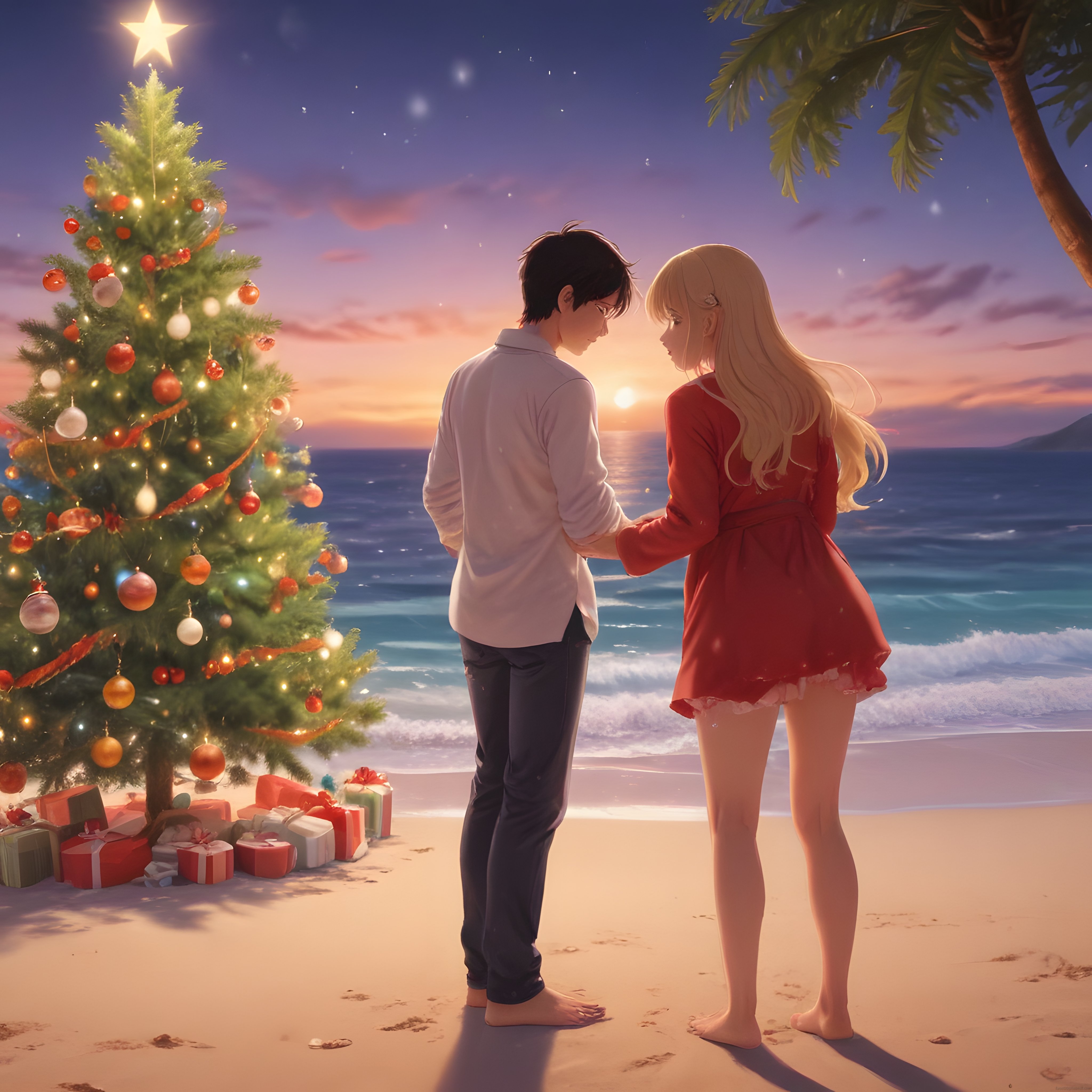 Kumsalda Noel Ağacı Altında Gün Batımında Ellerini Tutan Romantik Anime Çift