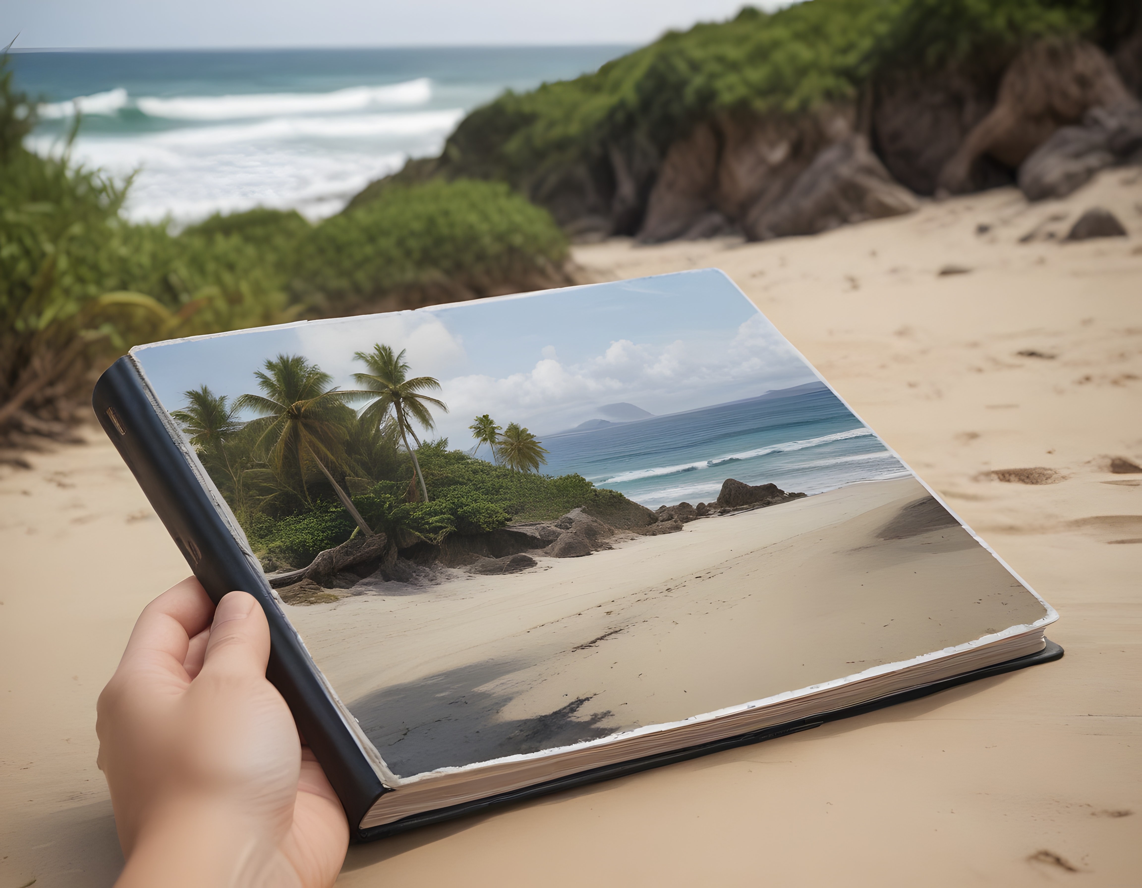 Kumsalda Oturup Elinde Tropikal Plaj Fotoğraflı Bir Kitap Tutan İnsan