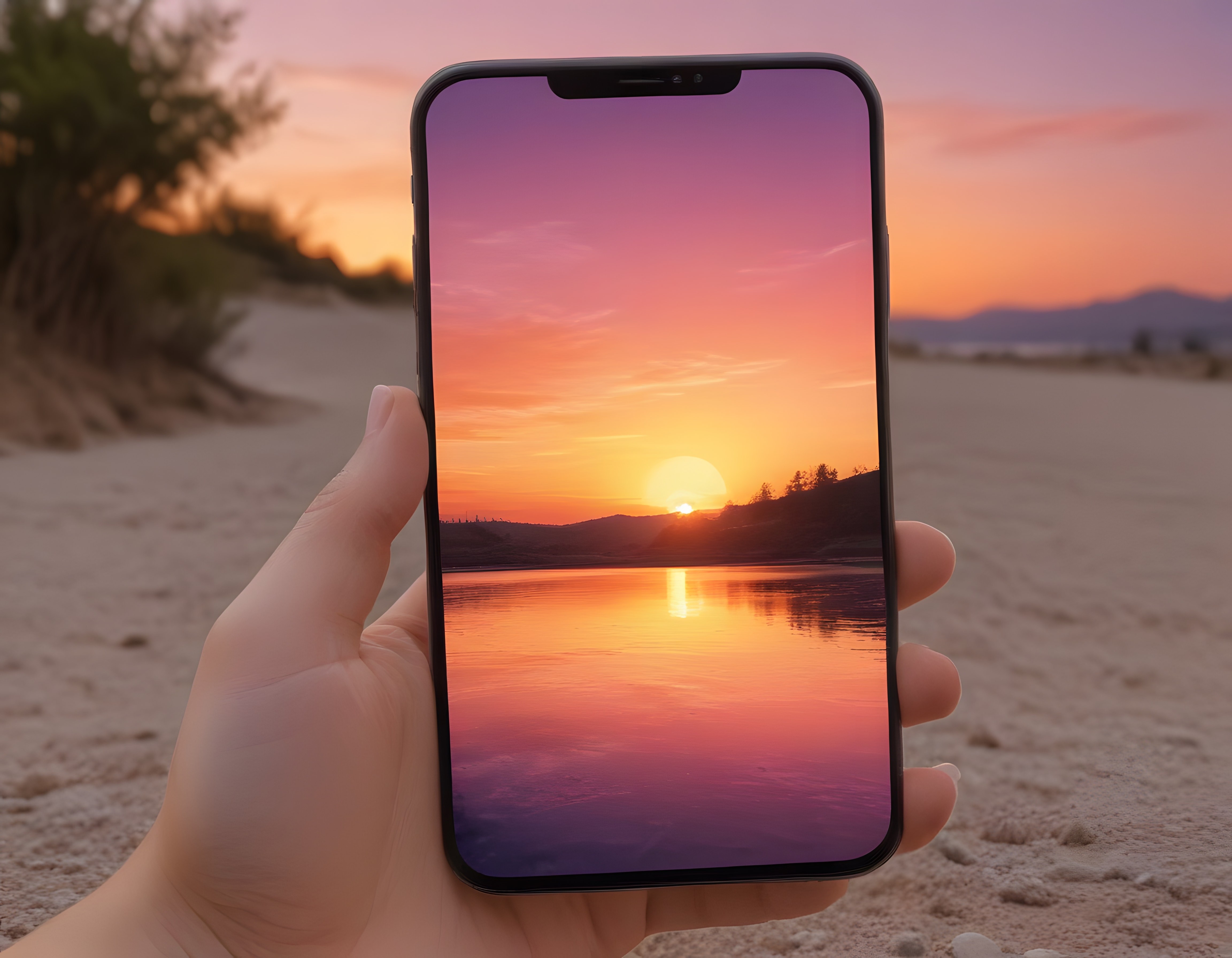 Kumsalda Telefonla Çekilen Göl ve Dağ Siluetli Pembe Gün Batımı