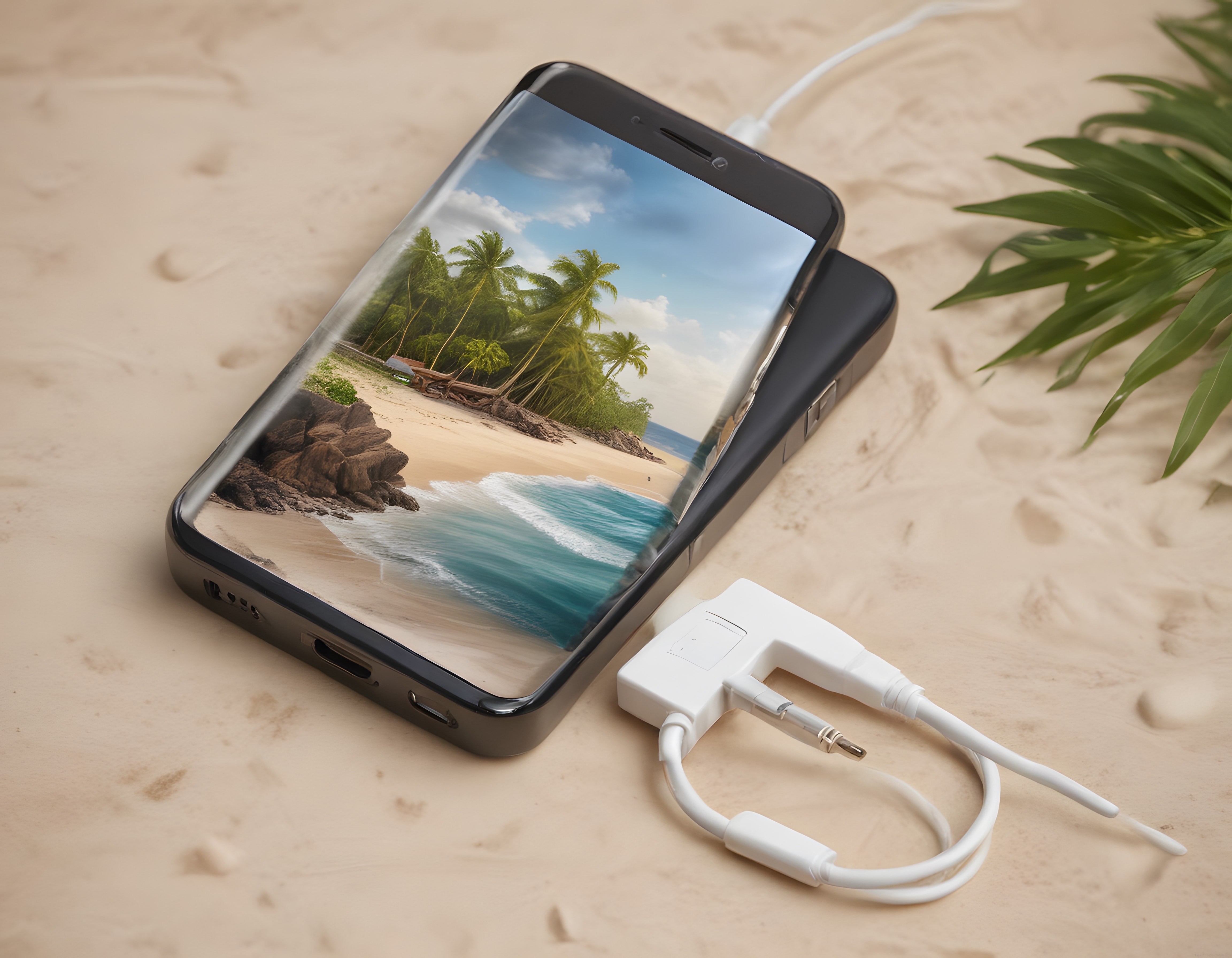 Kumun Üzerinde Duran Akıllı Telefon ve Power Bank ile Tropikal Plaj Manzarası