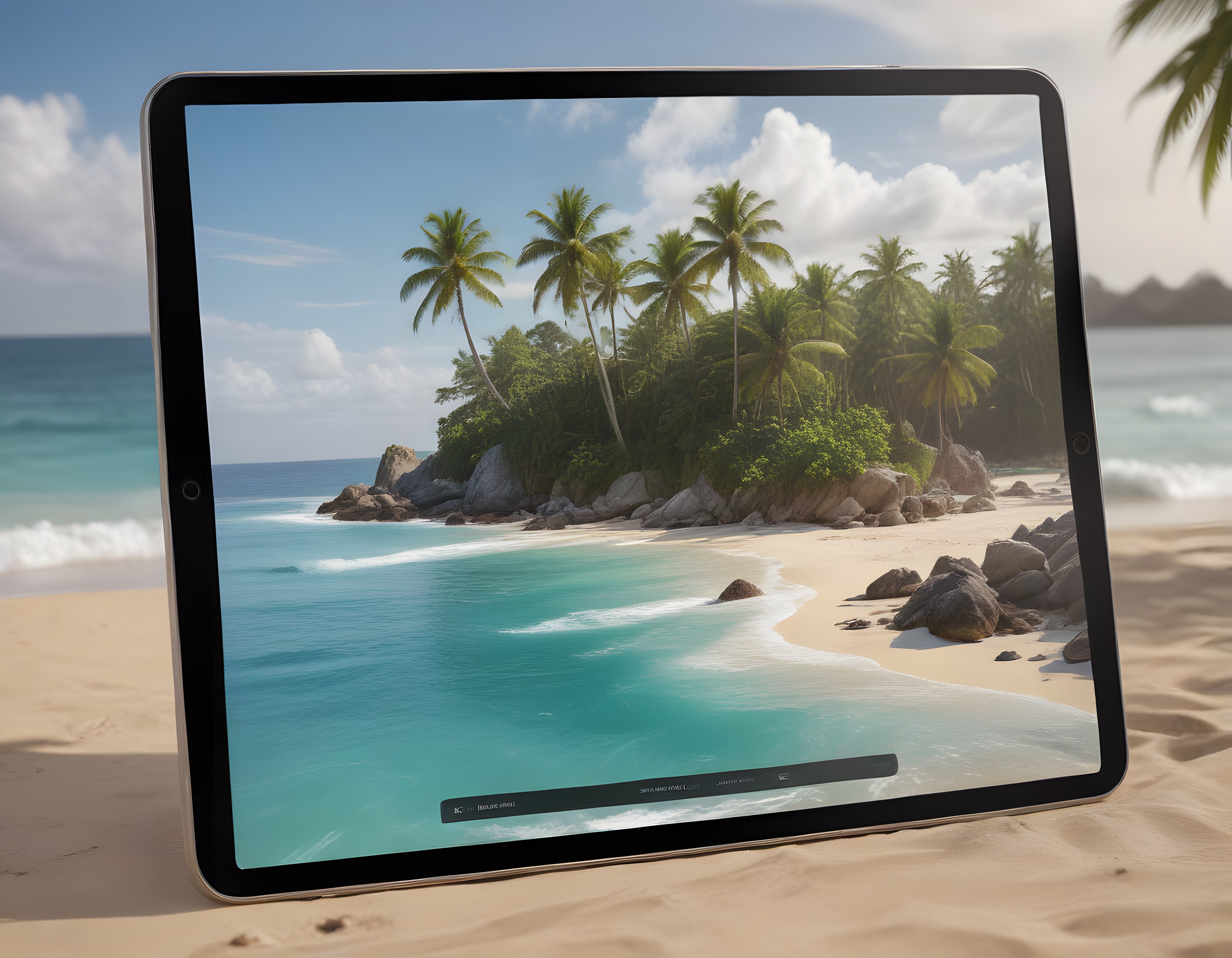Kumun Üzerindeki Tablet ve Ekranındaki Muhteşem Tropikal Plaj Manzarası
