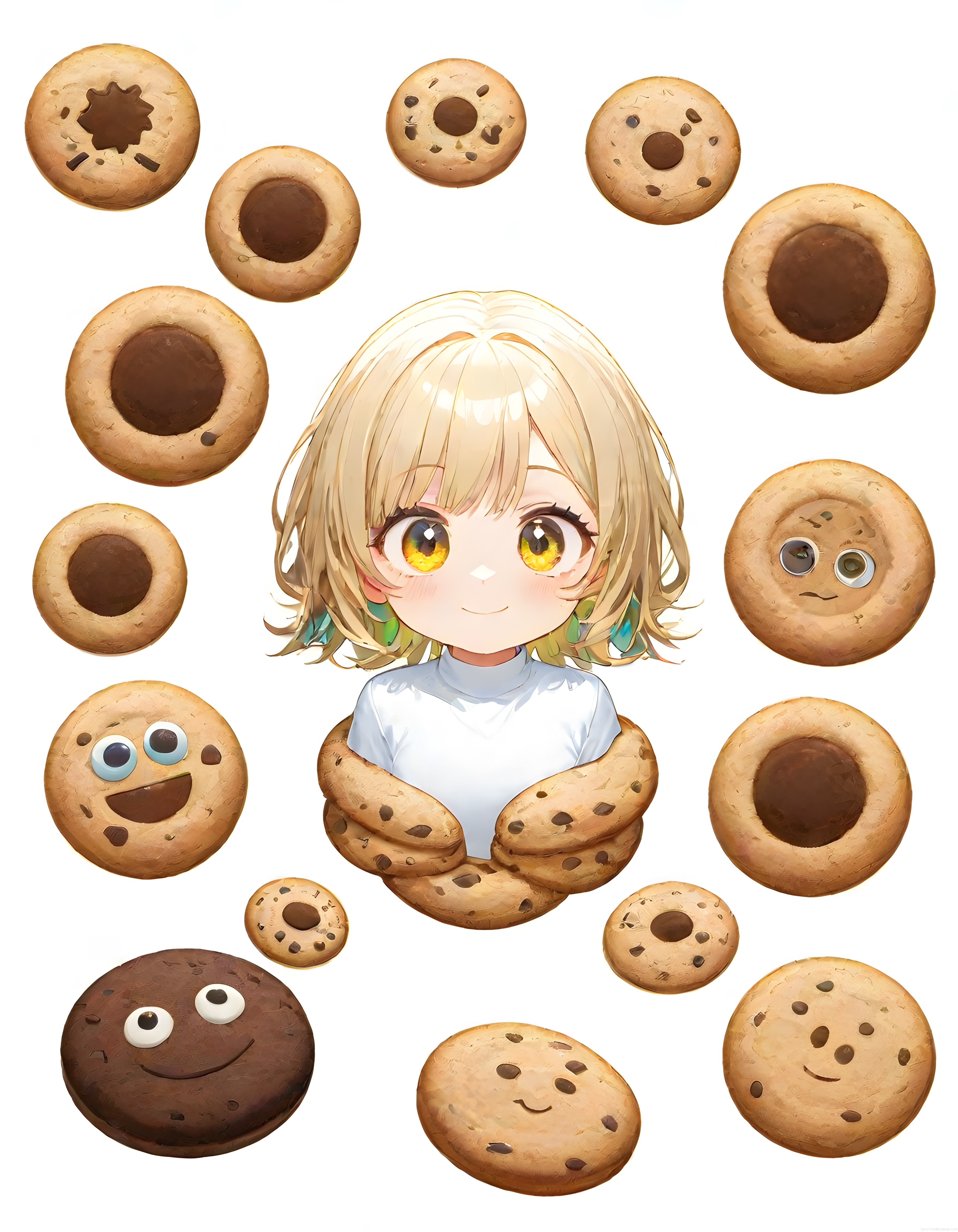 Kurabiye Temalı Anime Kız ve Etrafındaki Sevimli Cookie Karakter Çizimleri