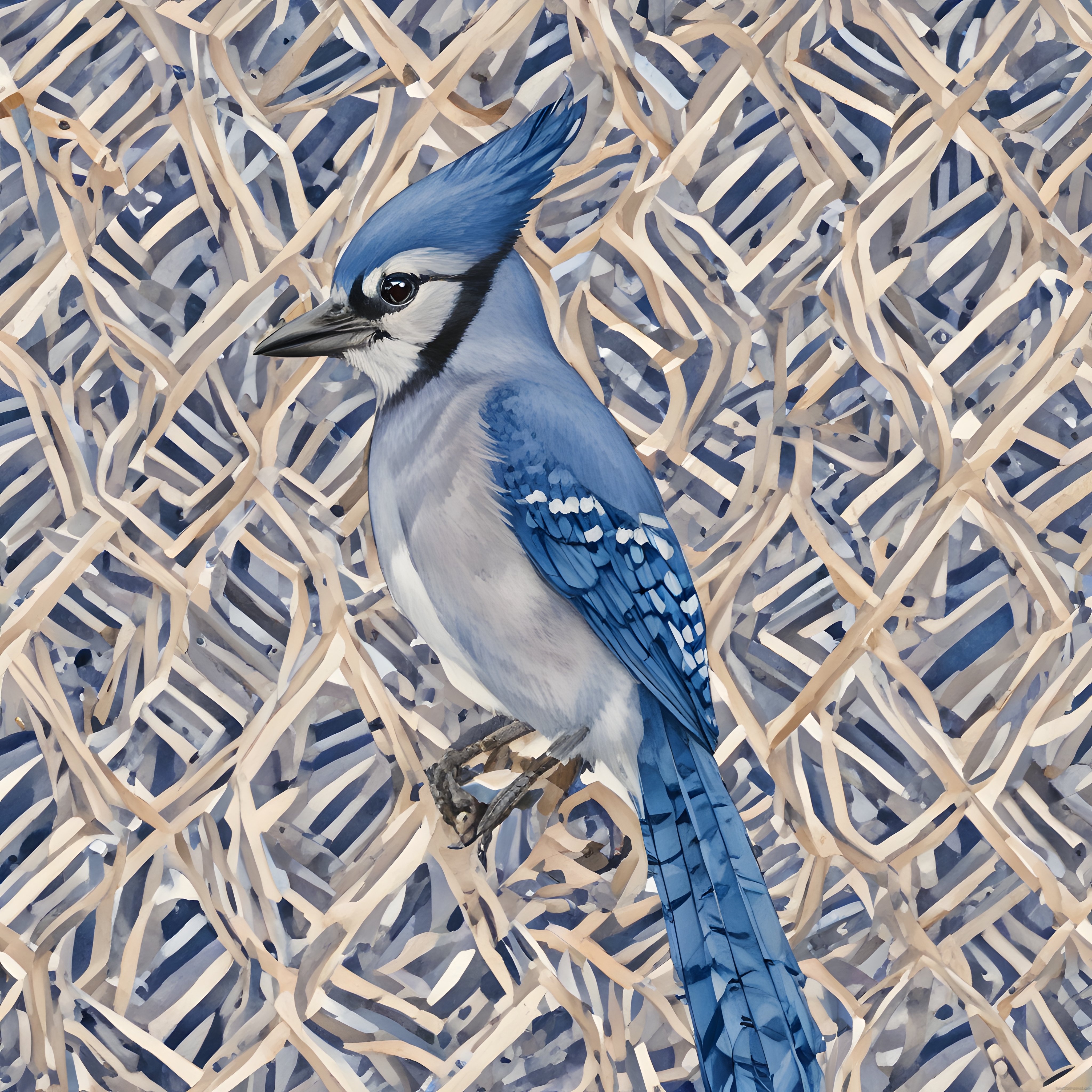 Kuru Dalların Arasındaki Mavi Blue Jay Kuşu Suluboya Çalışması