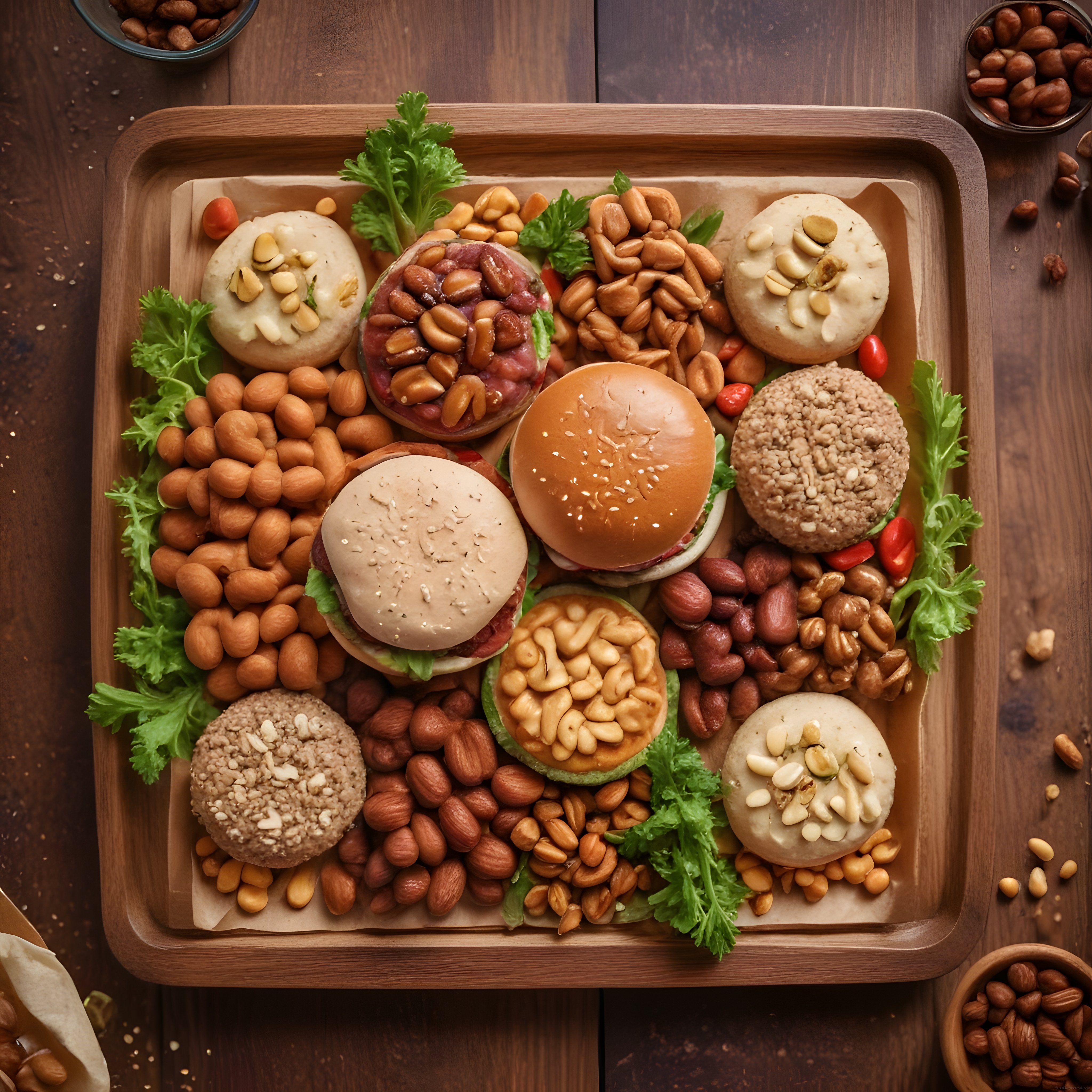 Kuru yemiş ve burger ile hazırlanmış rustik ahşap sunum tepsisi