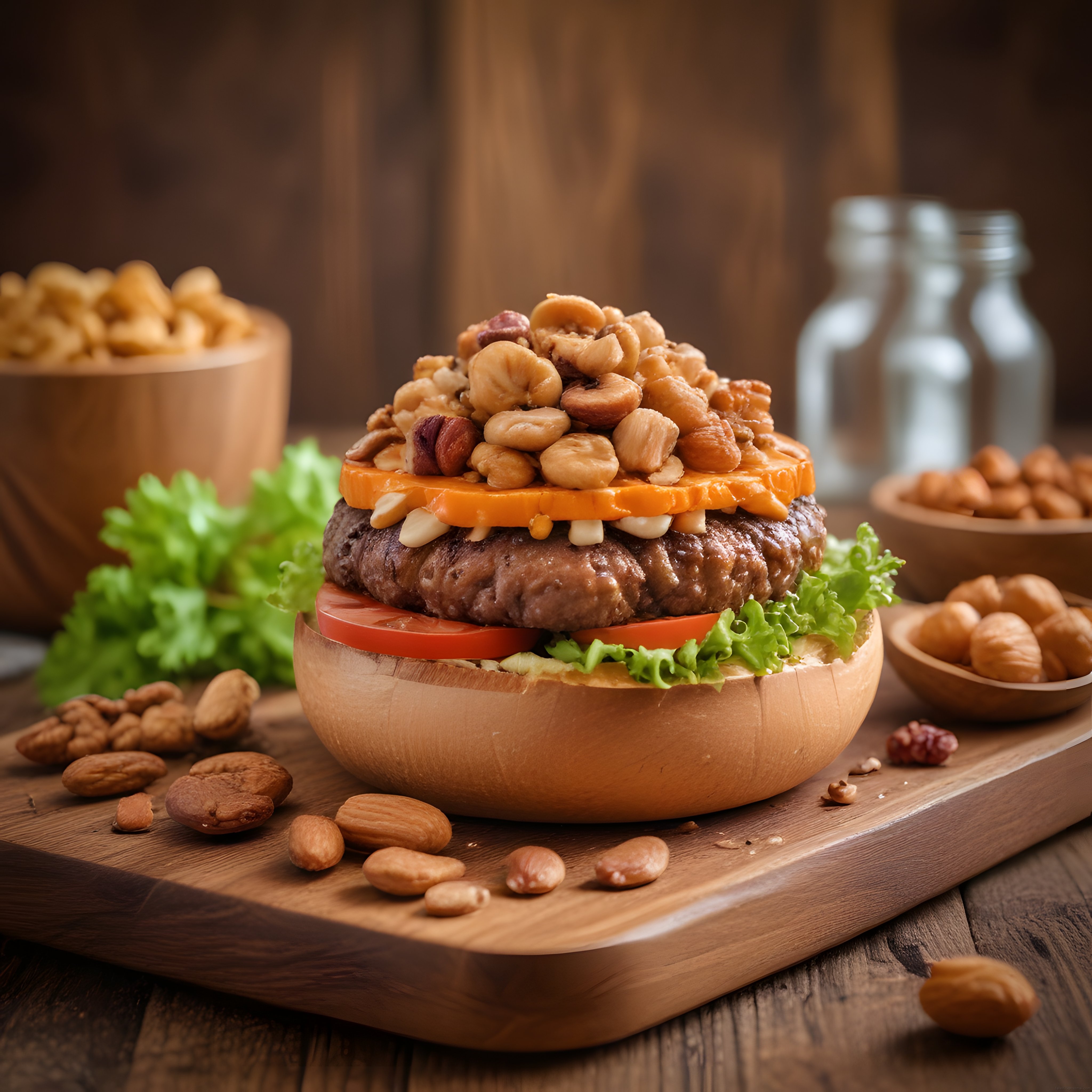 Kuruyemiş dolgulu ev yapımı burger: Ahşap sunumda sağlıklı ve doyurucu lezzet