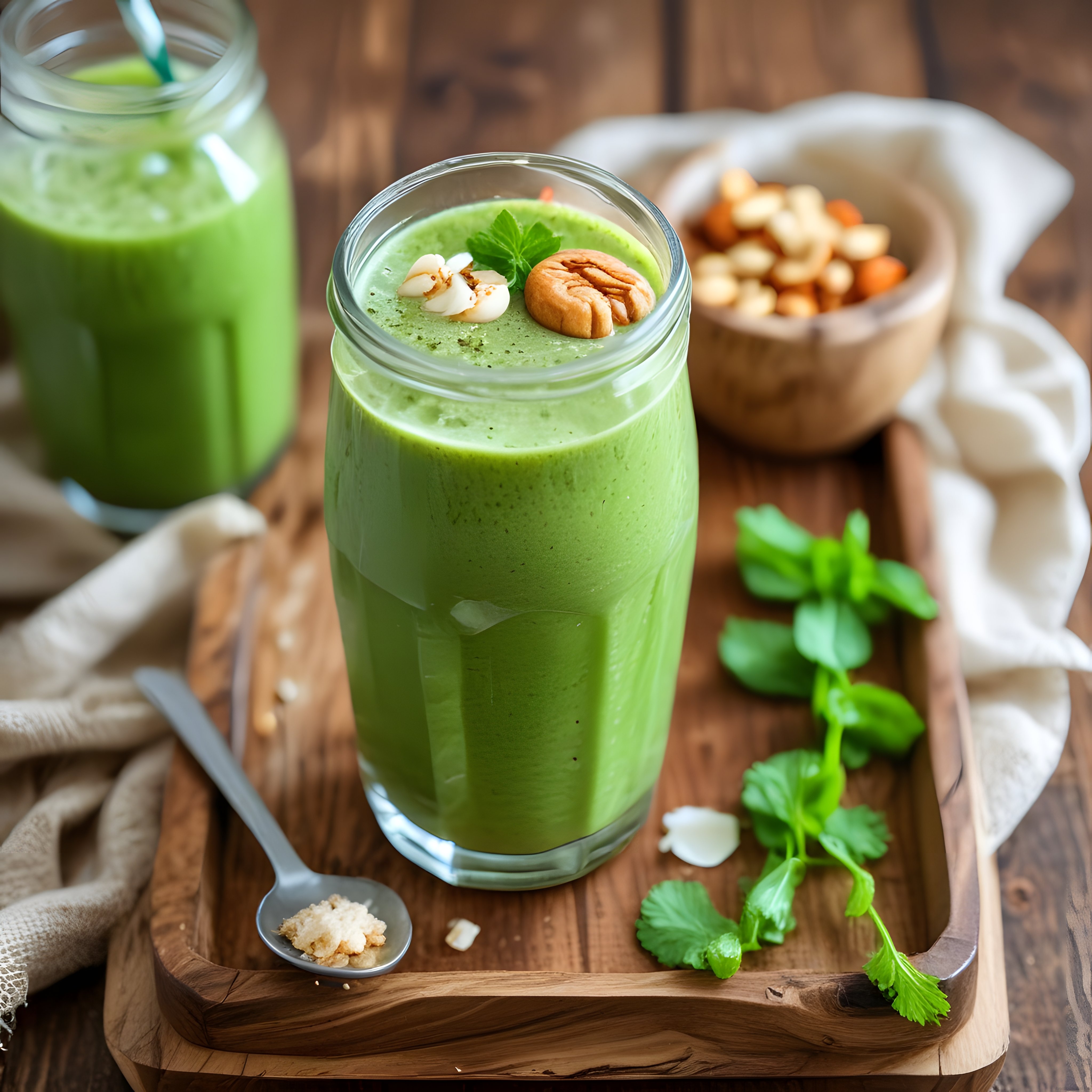 Kuruyemiş ve nane ile süslenmiş yeşil smoothie ahşap sunum tahtasında